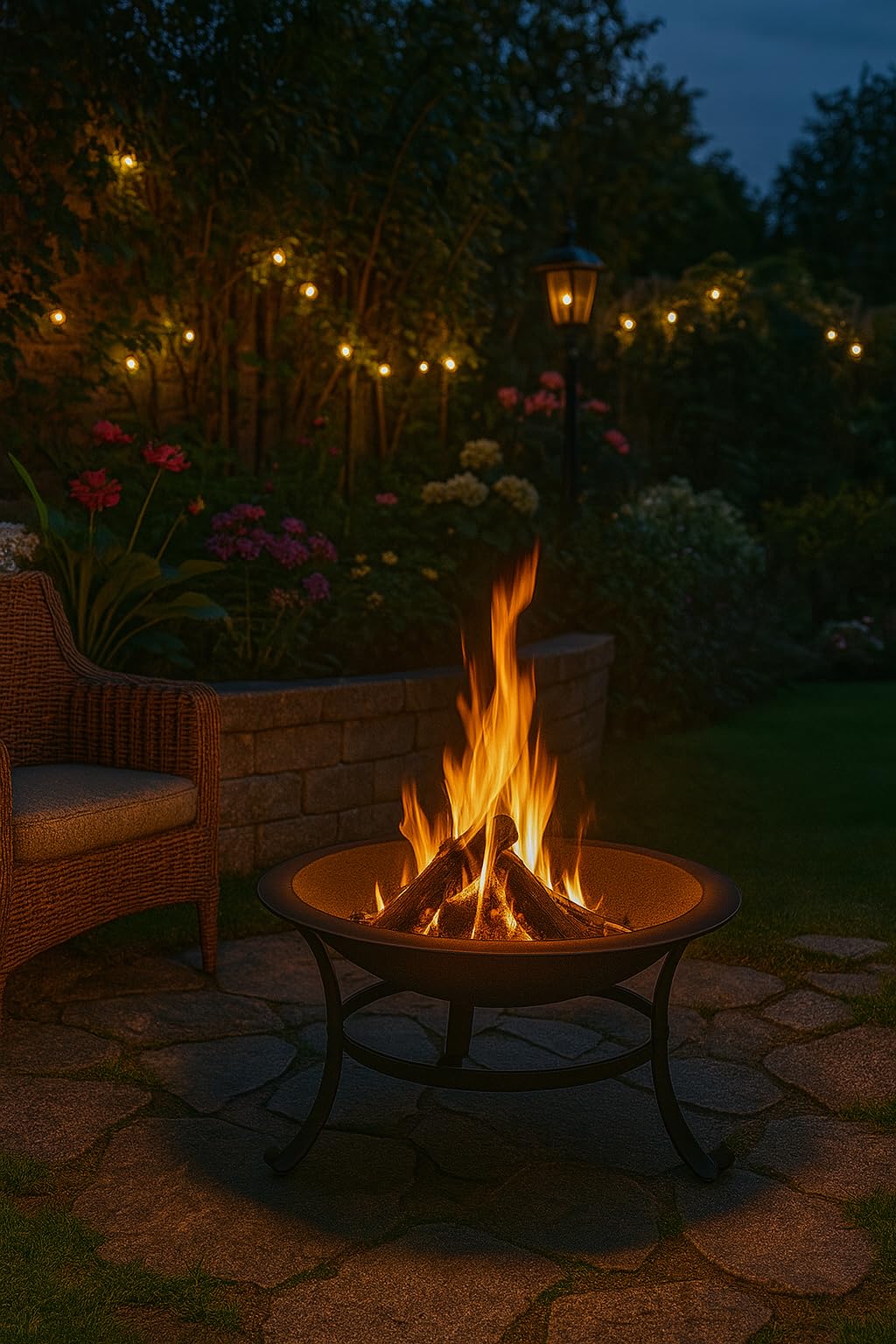 Großer Feuerkorb – Ø 76 x 53 cm – Mit Funkenschutz & Holzrost – Feuerschale für Garten, Terrasse & Camping – Stylische Schwarze Outdoor-Kaminkamin aus Metall – Holzbefeuerung – Mattschwarz