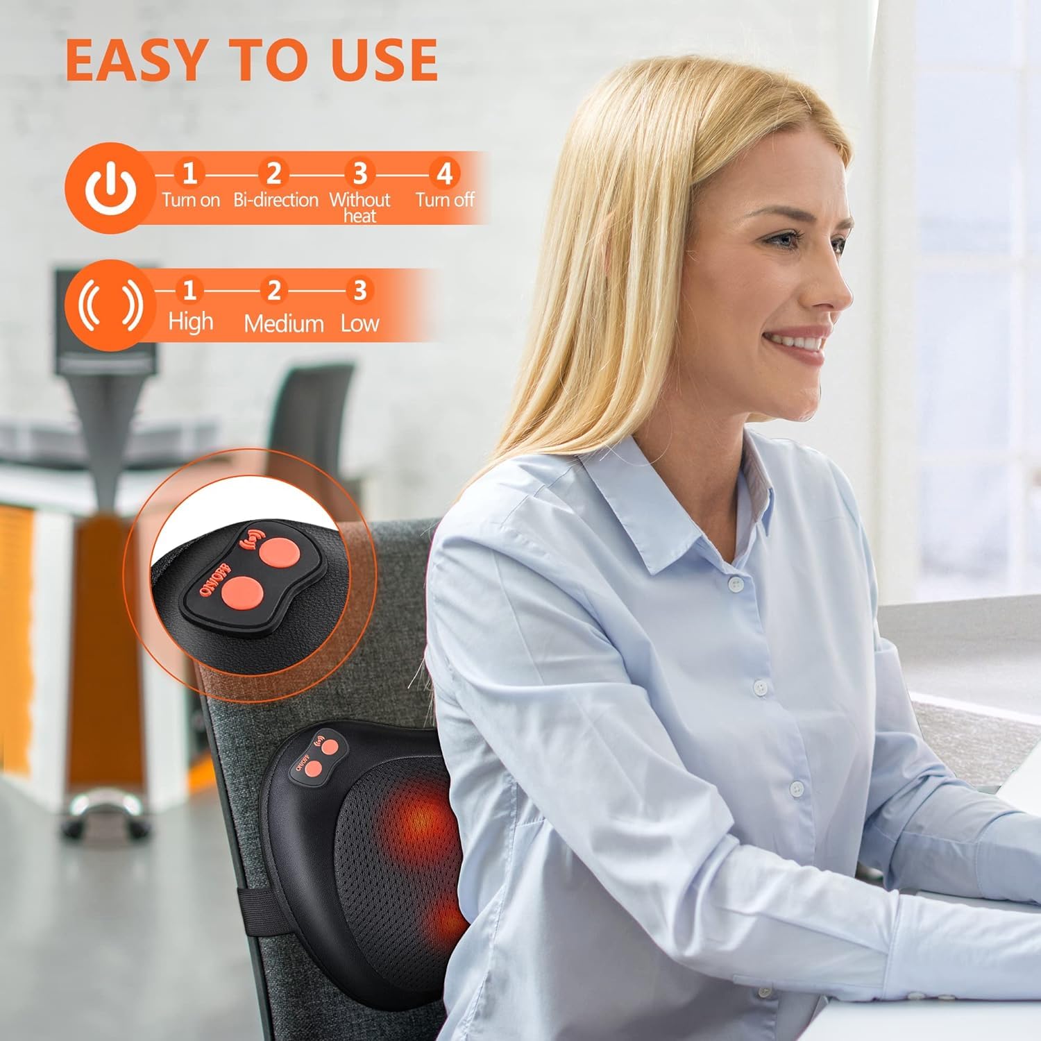 Almohada de Masaje - Diseño Ergonómico, 8 Cabezas Bidireccionales, 3 Velocidades Ajustables, Función de Calor Suave, Ideal para Hogar y Viajes, Incluye Adaptador para Coche y Pared