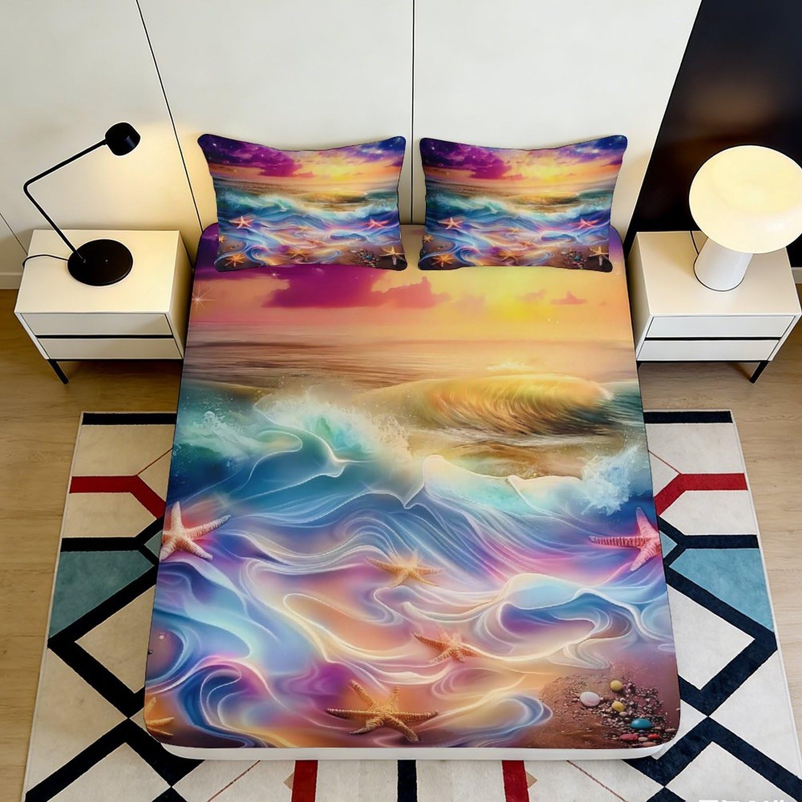 Jqzkxnhpbr Style-2 3D Printed Ocean Sunset Fitted Sheet Microfiber Soft Gradient Wave Mattress Cover For Bedroom Guest Room Decor 90X200x25cm