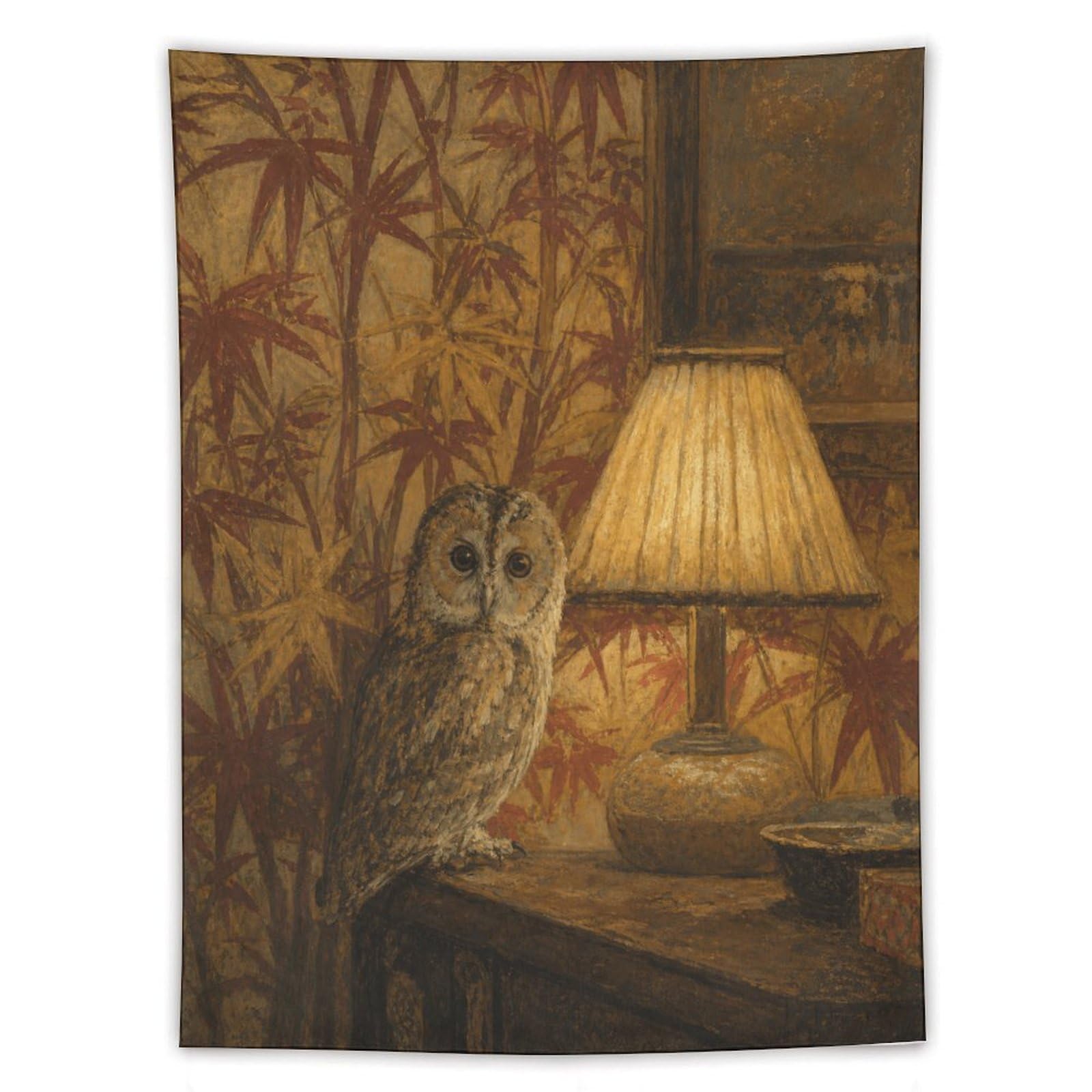 H3B8U2Y5 Owl by Lampshade Wall Tapestry, Realistic Illustration