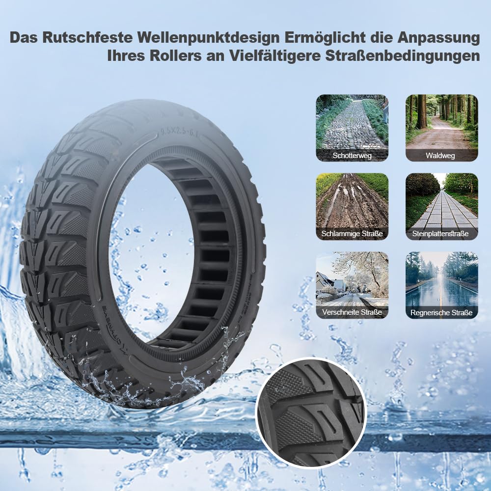 9,5x2,5-6,1 Vollgummireifen 9,5 Zoll Solide Reifen für NIU KQi3 | NIU KQi3 Sport/Pro/Max Elektroroller Vorne oder Hinten Ersatzreifen Vollreifen Wabenreifen Anti-Rutsch Pannensicher