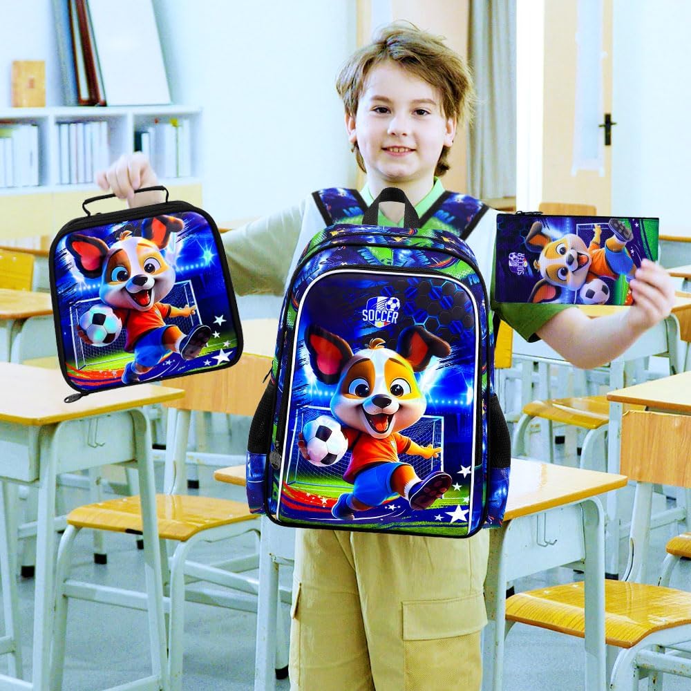 16" Dog Soccer Backpack Set for Boys 4-8, 3Pcs Kindergarten School Bag with Football Lunch Box & Pencil Case, Durable Bookbag (Blue)