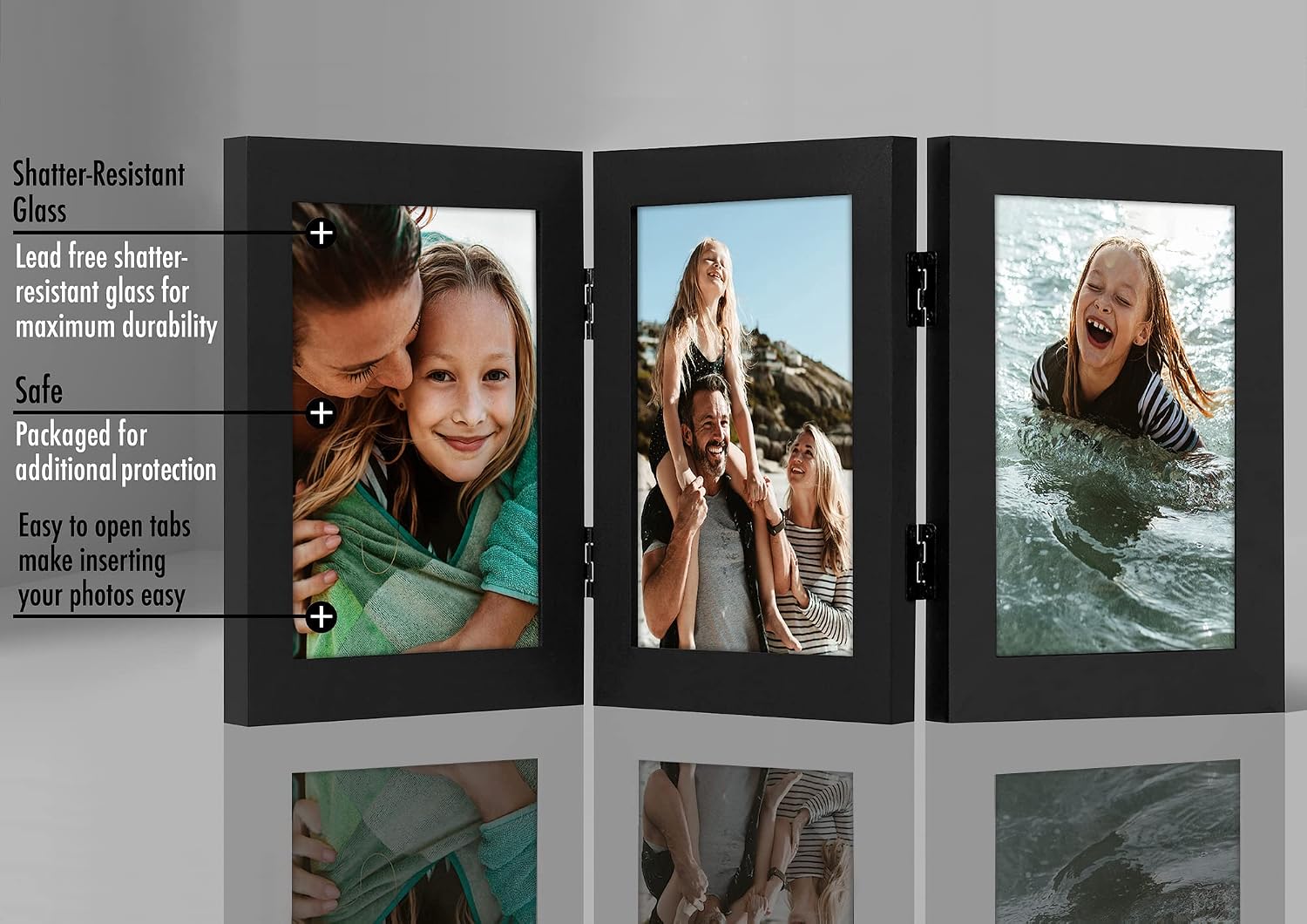 Americanflat Hinged 3 Picture Frame 4x6 with Shatter-Resistant Glass - Signature Collection - Foldable Picture Frame for Tabletop Display - Black