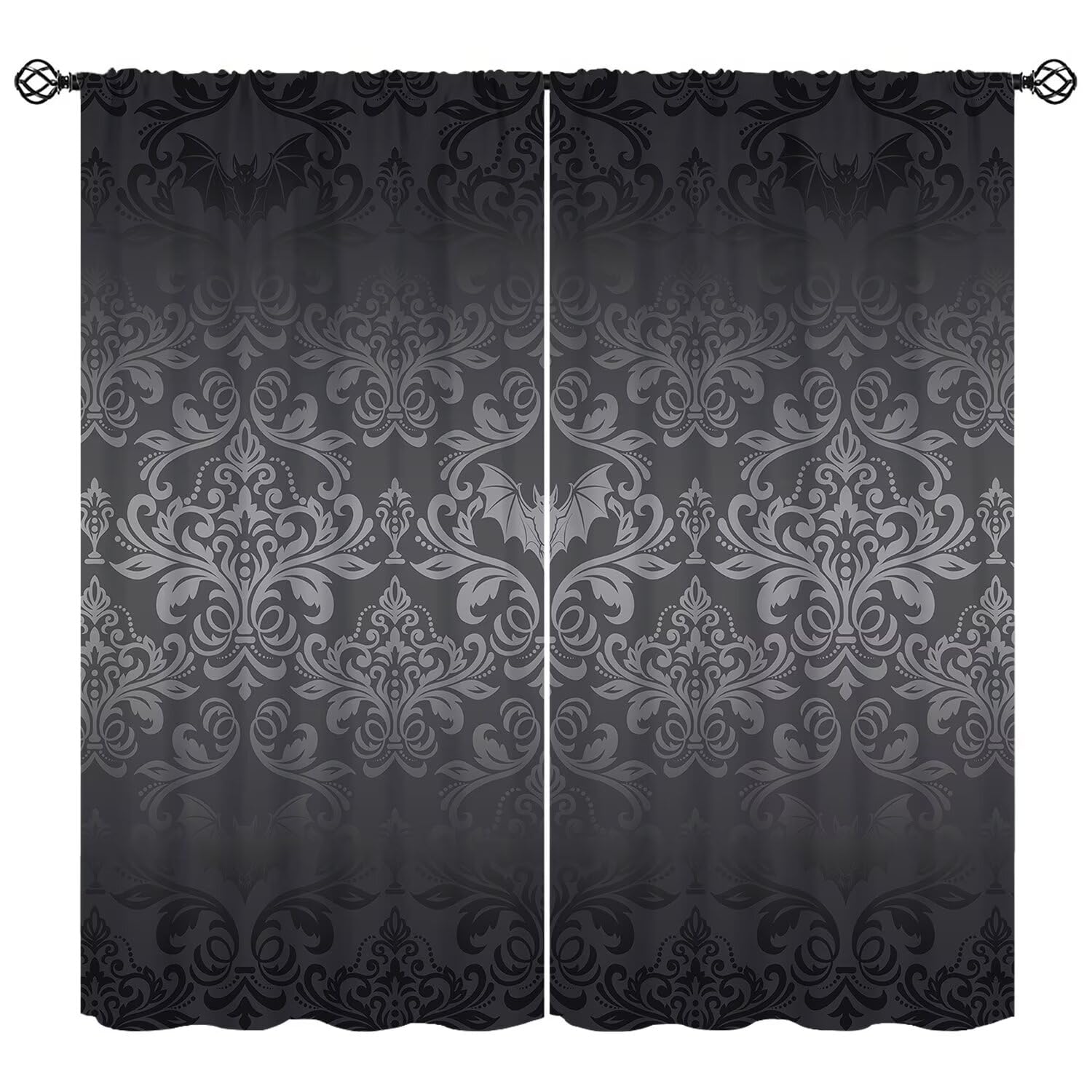 moderw Black Damask Gothic Vintage Curtains Antique Floral Victorian Goth Window Treatments for Bedroom Bat Bats Skull Bone Bohemian Blackout Window Drapes for Living Room W84xL84in