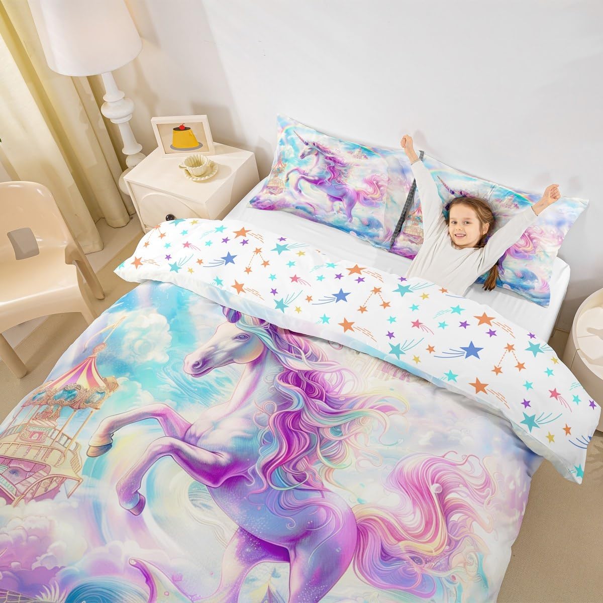 Unicorn Duvet Cover Set Toddler Size,Dreamy Horse Animal Purple Reversible Quilt Cover for Kids Boys Girls Watercolor Rainbow Blue Sky Bedding Set with 1 Pillowcase,No Comforter