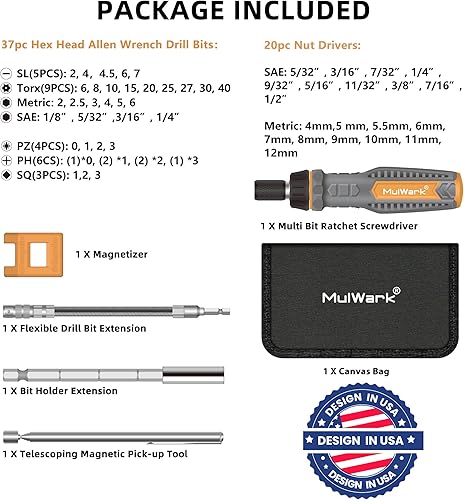 Miniatura 10 de MULWARK Juego de puntas de destornillador y zócalos de 77 piezas, juego de destornilladores de trinquete con estuche, kit de herramientas multiusos