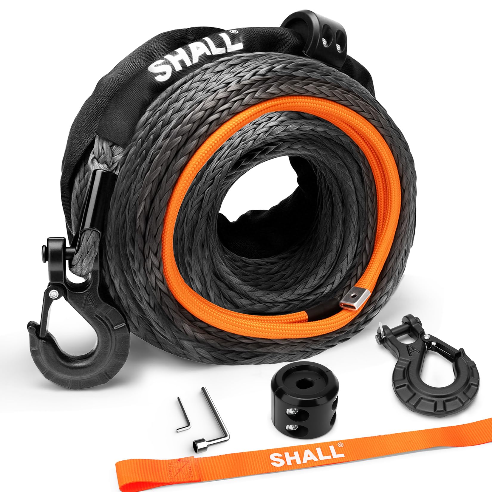 SHALL Correas y Cuerdas de Remolque, Cuerda sintética para cabrestante de 12 mm x 28 m de Largo, 16 toneladas (35500 LB), Funda Protectora, Gancho Forjado para cabrestante y Correa de Seguridad