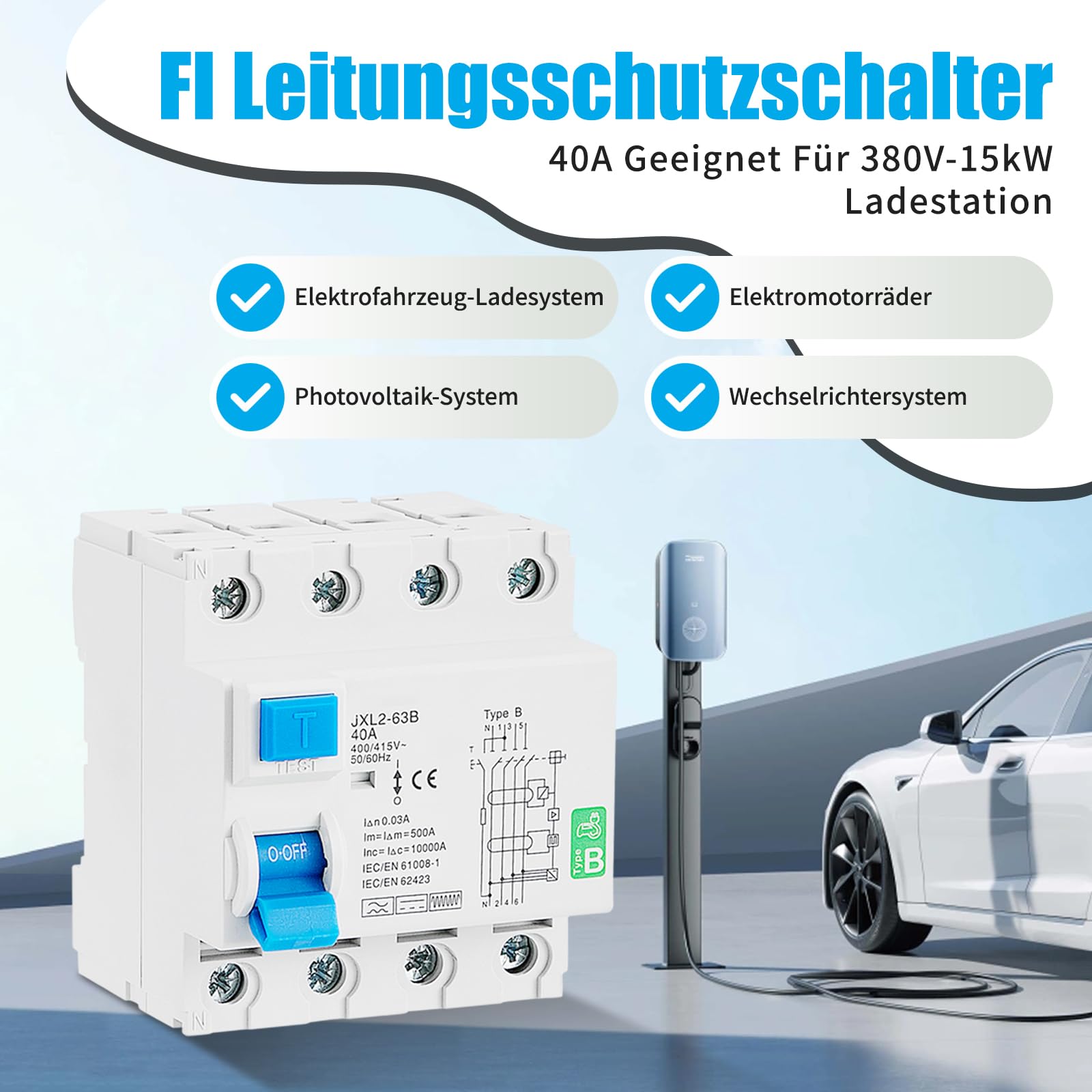 Fi Schutzschalter 40a 30ma 4 Polig mit 35mm Schiene,Fehlerstromschutzschalter Typ B,RCD, Allstromintensiv Schalter Automat Sicherung Sicherung,FI Schalter für Wallboxen Ladestationen