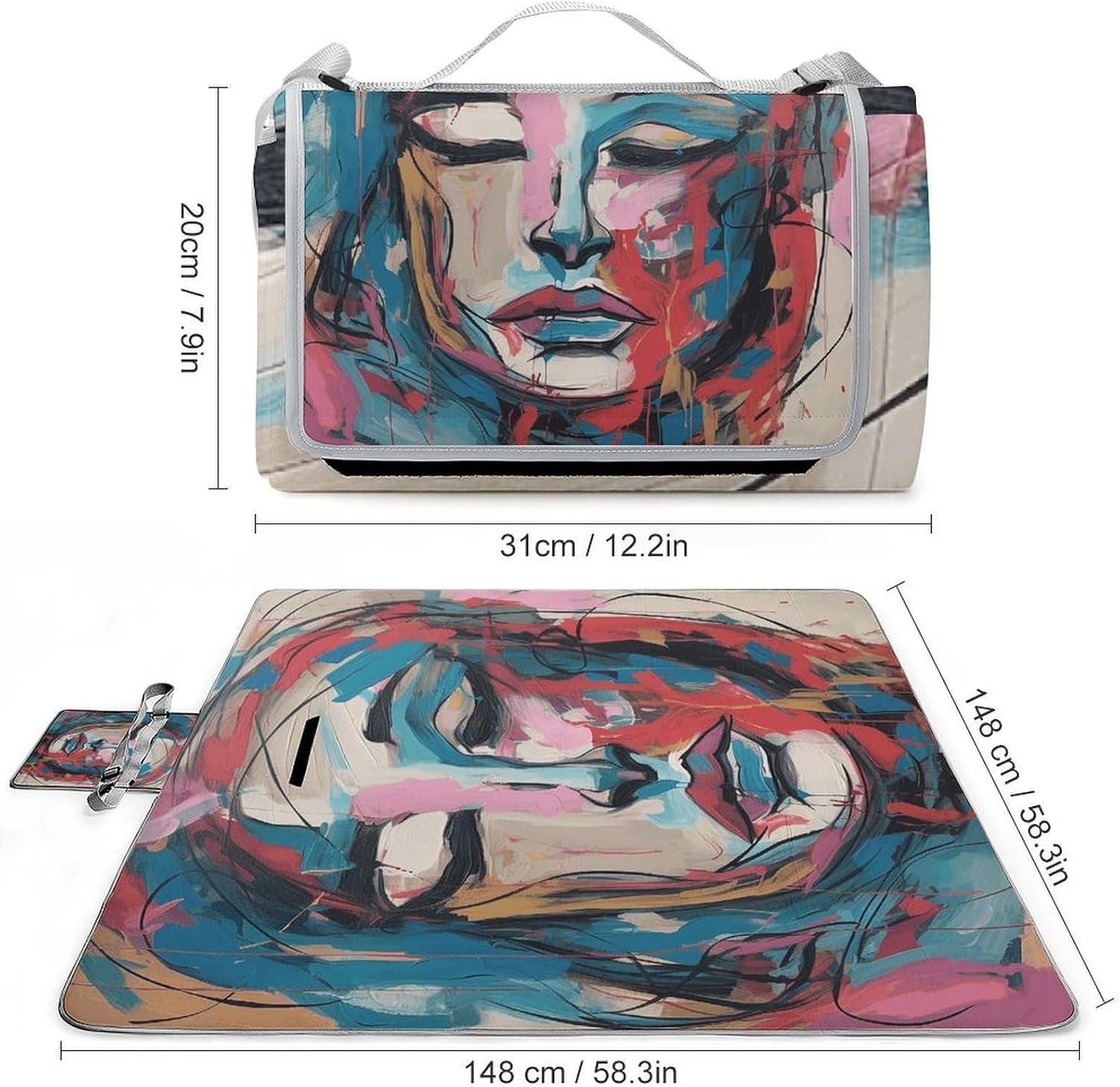 Abstract Female Face Waterproof Picnic Blanket 58.3''x58.3'',Portable and Foldable Picnic Mat with Handle,Outdoor Blankets for Lawn Park Beach Travel