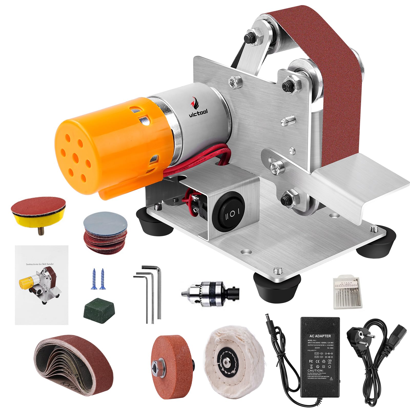 Mini Ponceuse à Bande, Ponceuse à Bande Électrique, 4000-9000RPM, Polisseuse Réglable à 7 Niveaux, Aiguiseur de Couteaux avec 10 Pièces Bandes Abrasives pour DIY Bois, Métal, Polissage