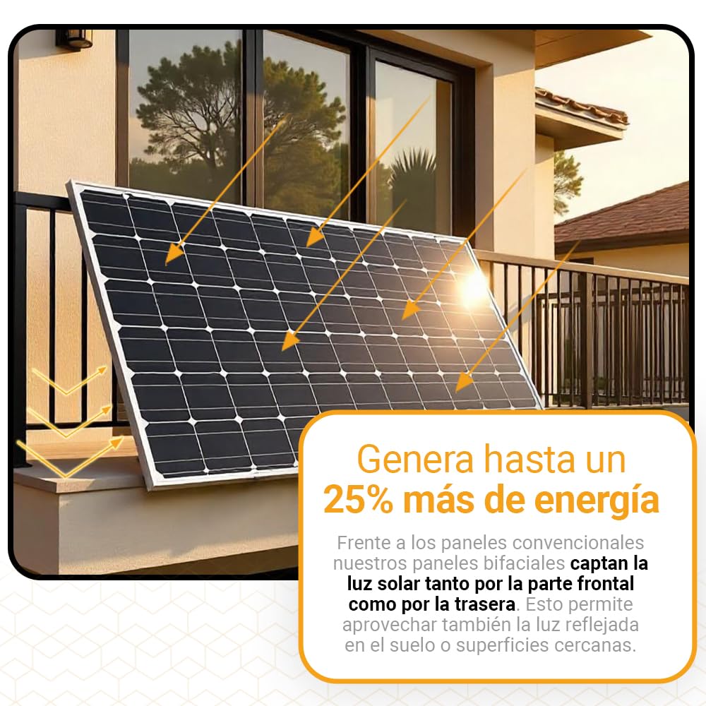 Kit Solar Balcón Svan con 2 Paneles Solares Bifaciales de 435W, Microinversor Wifi 800W, Plug & Play, Control desde APP, Protección IP68, Soporte de Montaje, Uso Exterior