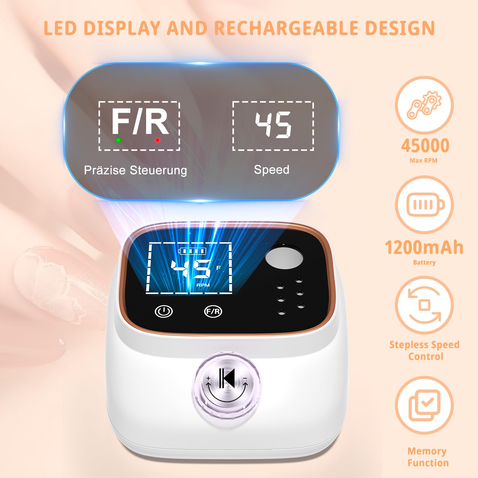 Professionelle Elektrische Nagelfeile 45000U/M für Gelnägel und Acrylnägel mit LCD-Display, Bit-Lock Design, mit Maniküre Pediküre Zubehör Set für den Heimgebrauch und Nagelstudios