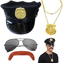4-Piece Police Officer Role Play Kit with Gold Badge Black Cap,Police Hat and Police Costume Set, Style 8 Accessory, Black Frame Gray Lens Glasses, Large Brown Mustache for Themed Parties