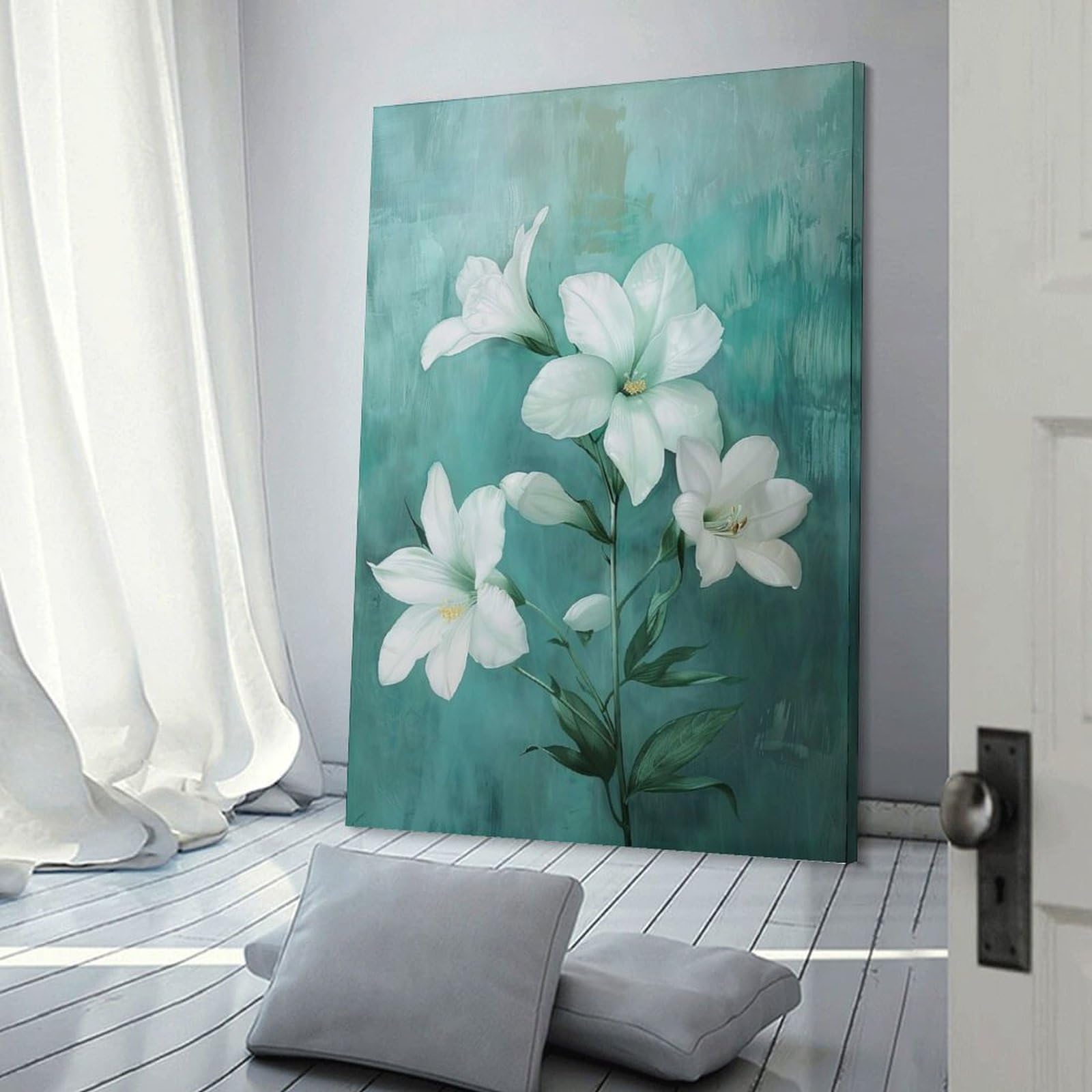 Junmoney Frame-Style-4 White Lilies On Teal Background Hanging Wall Art, 20X30inch(50X75cm), For Bedroom Decor, Cosy Corners Or Studios, An Easy Wall Refresh For Bedrooms