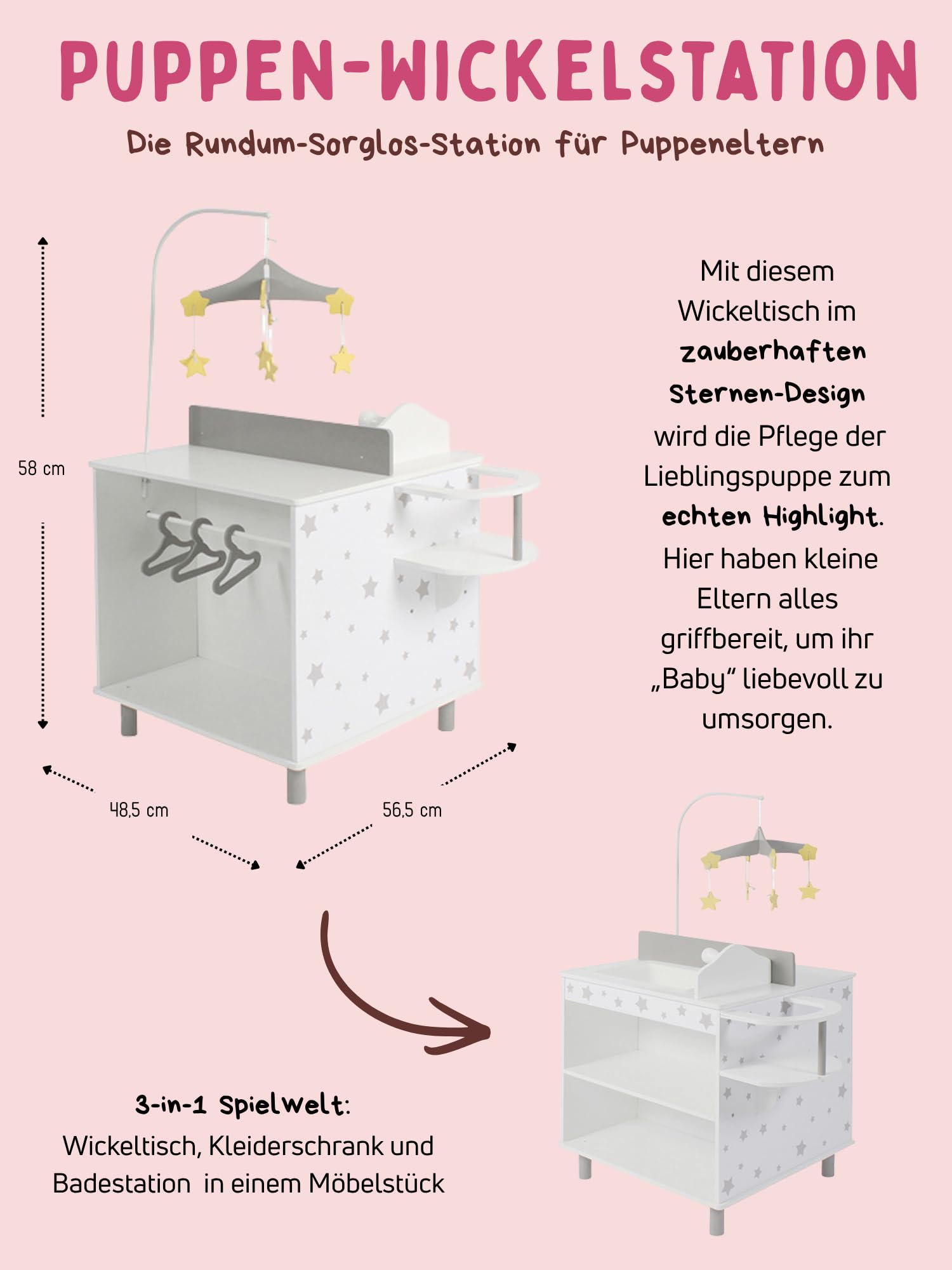 Bayer Chic 2000® Puppen Wickeltisch mit Zubehör – Wickelstation inkl. Hochstuhl, Ablagefächer, Badewaschbecken, Kleiderschrank & Mobile – Puppenmöbel ab 3 Jahren, Sternchen Grau