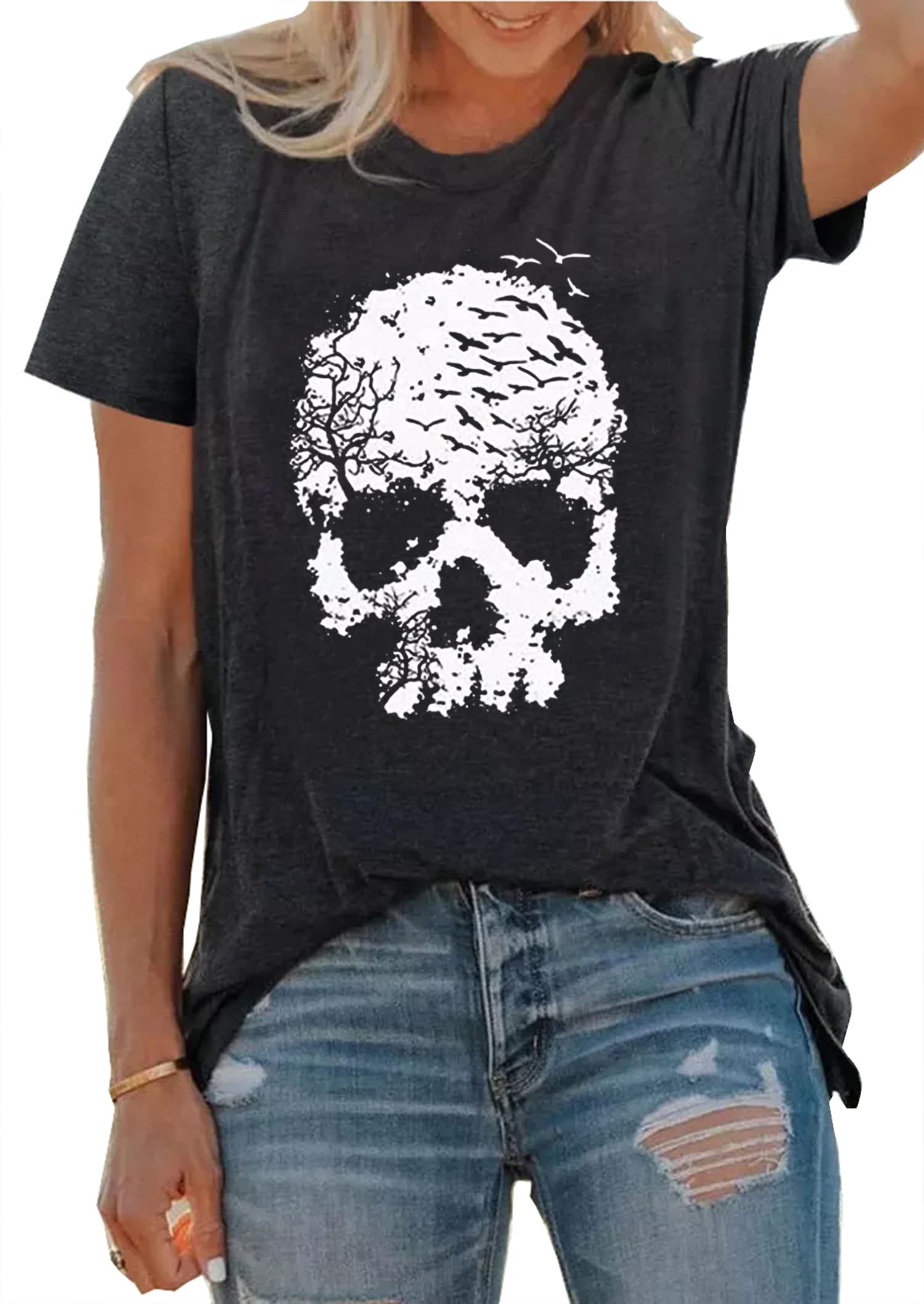 KBLDZHTHalloween Skull Shirt for Women Vintage Gothic Graphic T Shirt Novelty Skeleton Halloween Hocus Pocus T-Shirt Tops