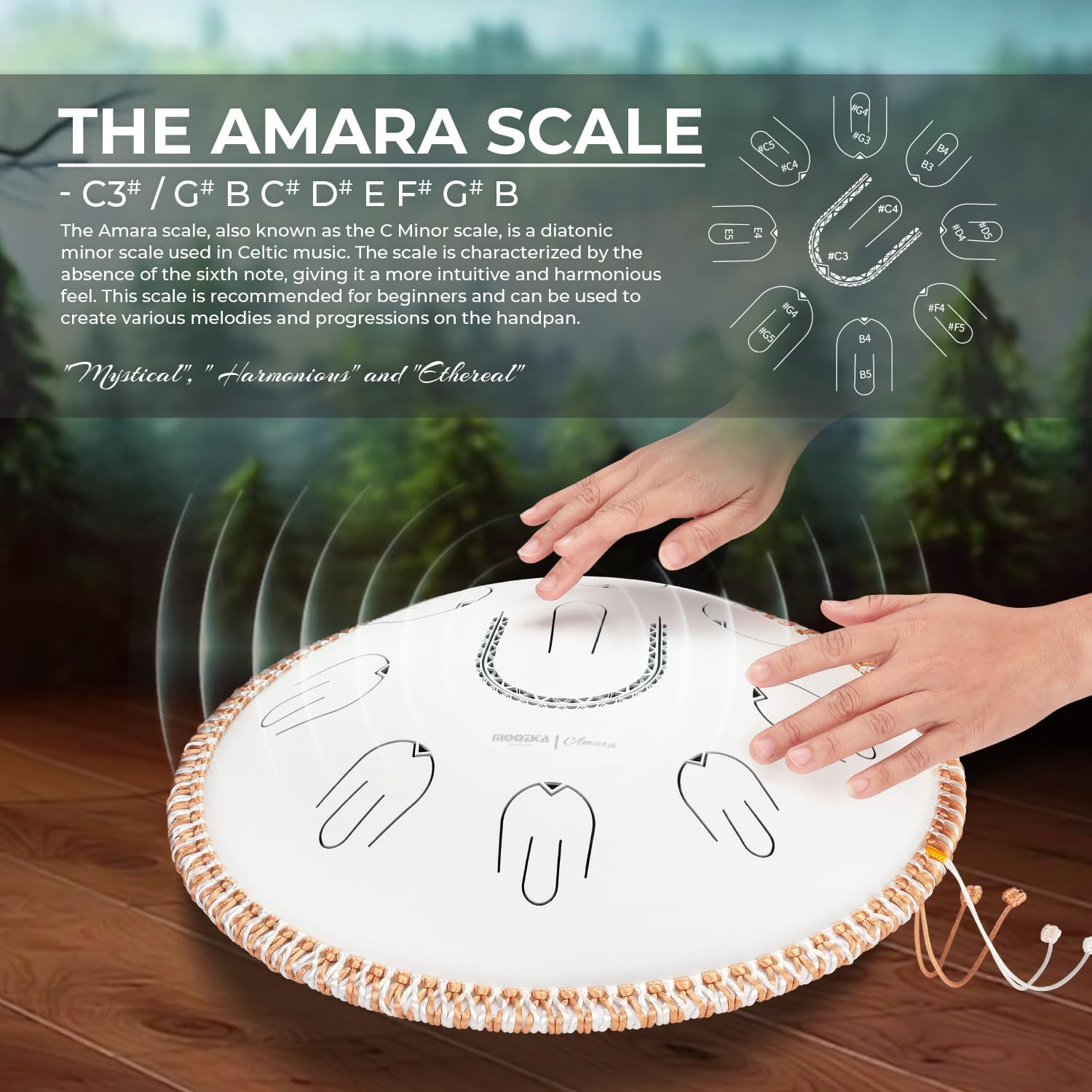 MOOZICA Steel Tongue Drum, 14" Portable Amara Scale Handpan With Octave Overtone Design, For Beginner and Professional (Amara, White)