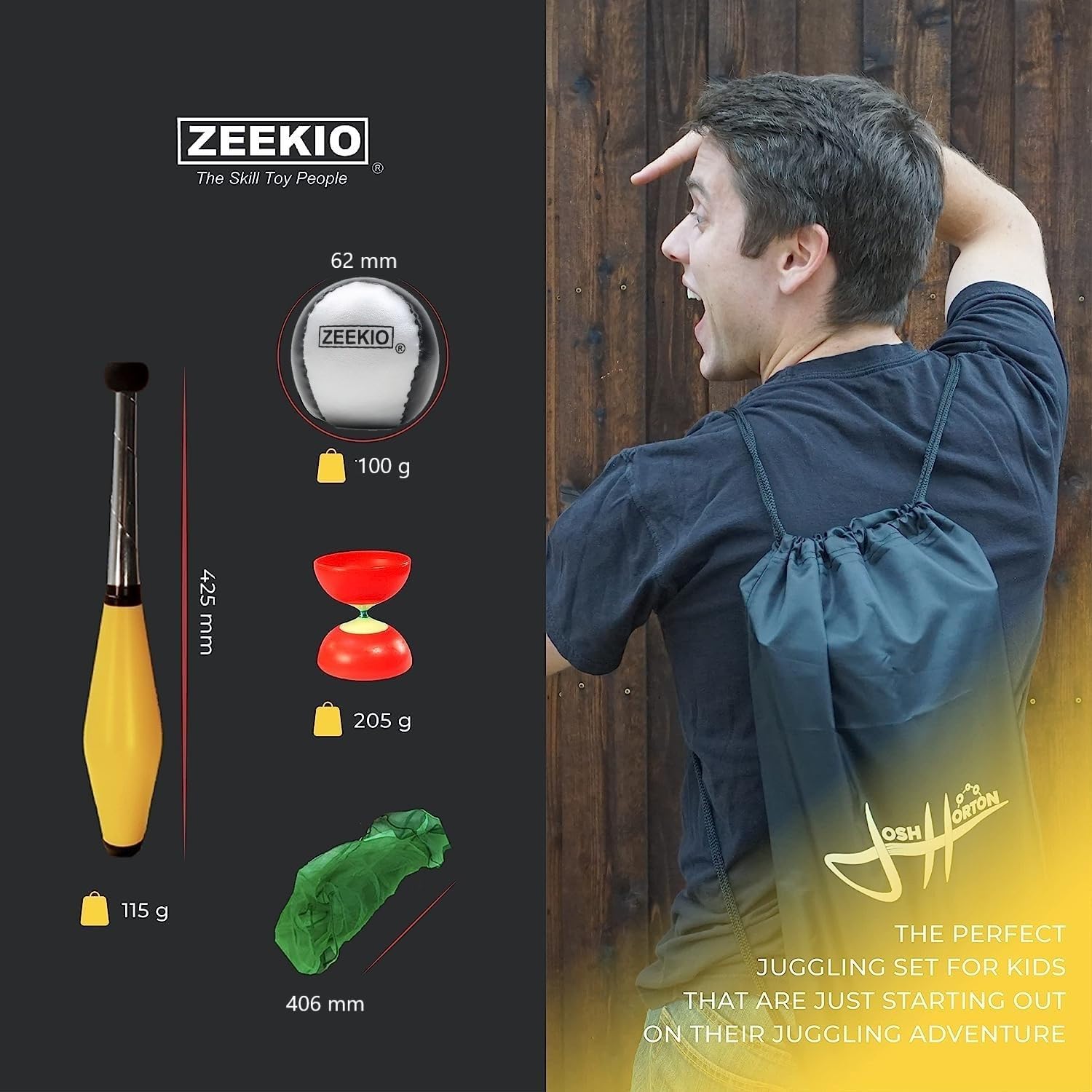 Zeekio Complete Juggling Set by Josh Horton - Set of Juggling Scarves, Beginner Juggling Balls, Pixie Juggling Clubs, Diabolo