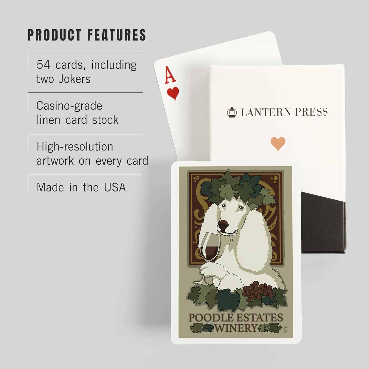 Lantern Press Poodle, Retro Winery Ad, 52 Playing Cards for Adults, Poker Size Card Deck