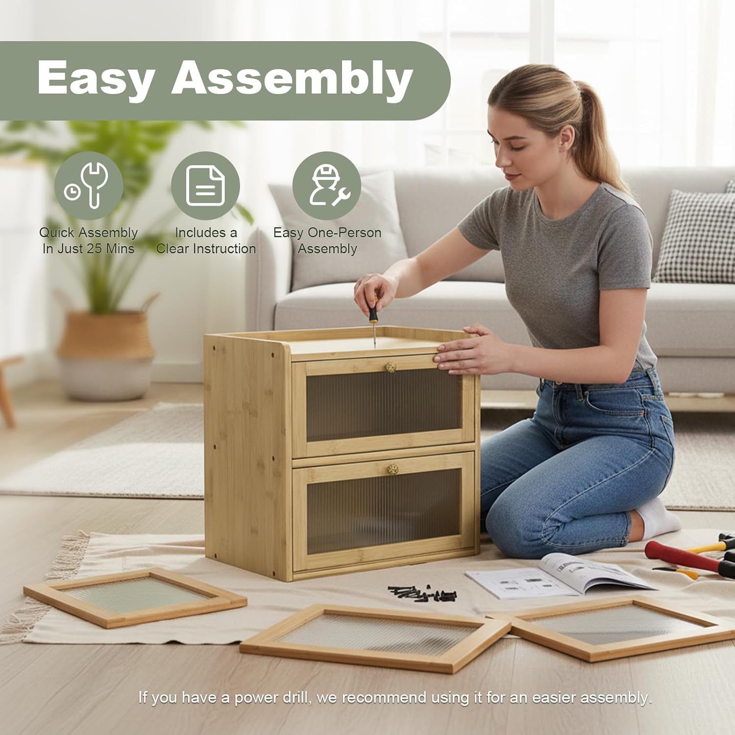 Bread Box for Kitchen Countertop Wooden Bread Storage Container Bin 2 Layer Corner Breadbox Large Capacity, Vintage Farmhouse Food Organizer Pantry Shelf with Window - Natural Bamboo