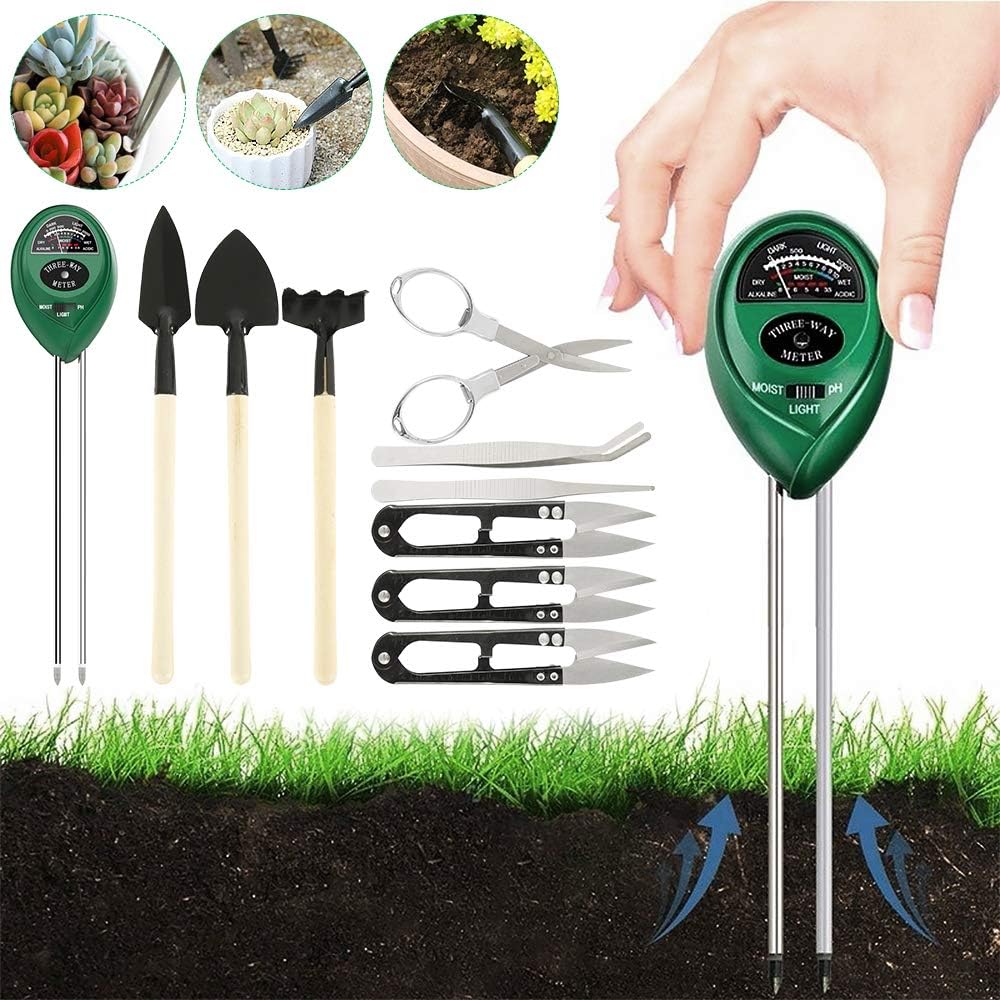Soil Meter with 9pcs Bonsai Tools, 3in1 Moisture Sensor/Sunlight/Ph