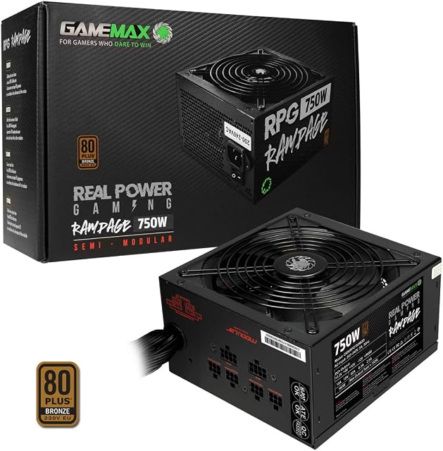 GameMax 750W Rampage Power Supply (No Power Cable inc.), Semi-Modular, APFC, Japanese Tk Main Capacitor, 80 Plus Bronze, 88% Efficiency, 14cm Cooling Fan, Real Power Gaming | Black