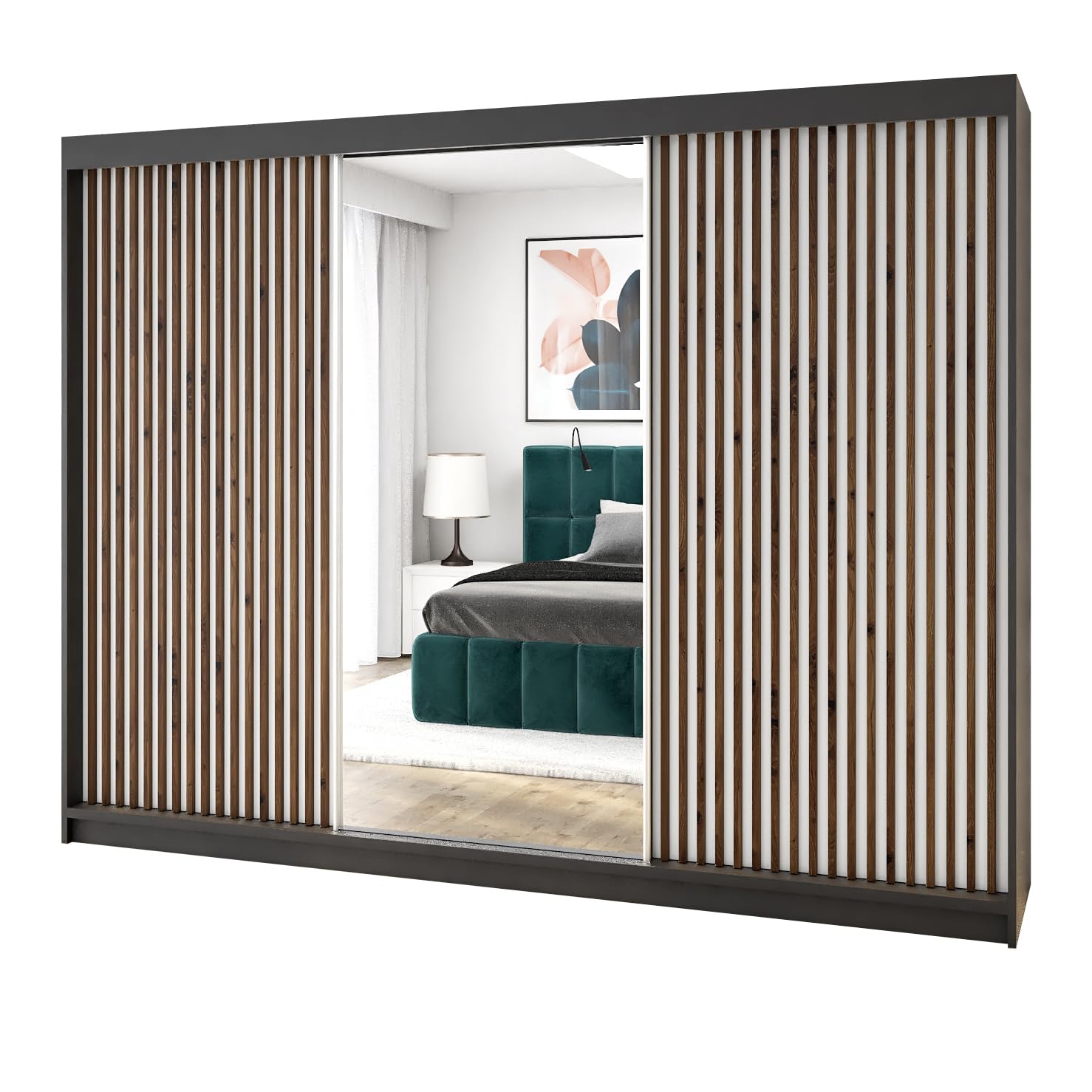 A&J MöbelLand Schwebetürenschrank FARA Kleiderschrank 3-türig 200 cm mit Spiegel und Schubladen, moderner Schlafzimmerschrank mit Schiebetüren (Schwarz)
