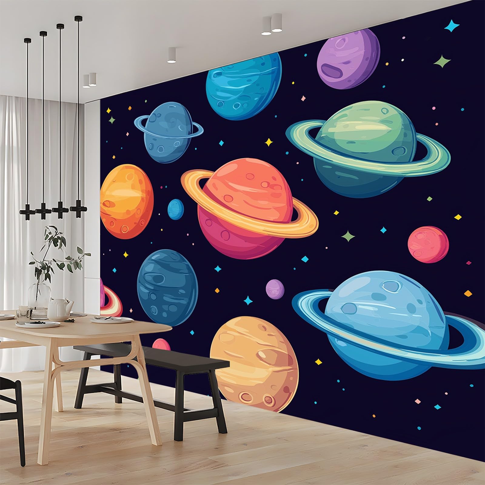 Papier Peint 3D Planète de bande dessinée Panoramique Peinture Murale Interieur 250x175 cm pour Salon Chambre à Coucher D'Enfant Maison Décoration Murale
