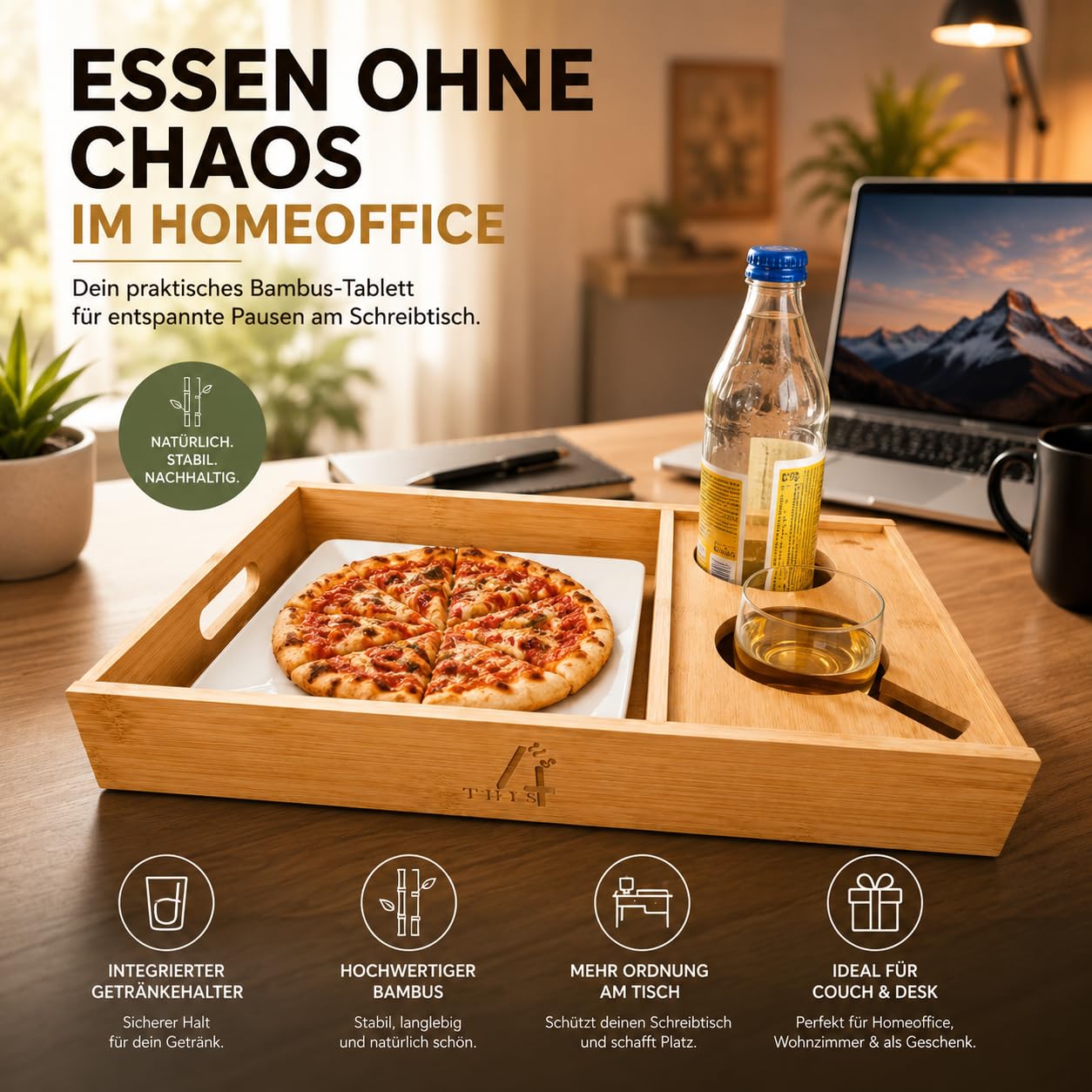 Couchbar Snackbox Serviertablett – Bambustablett - großes Fach für Snacks & Mahlzeiten – leicht & sicher – Geschenkidee.