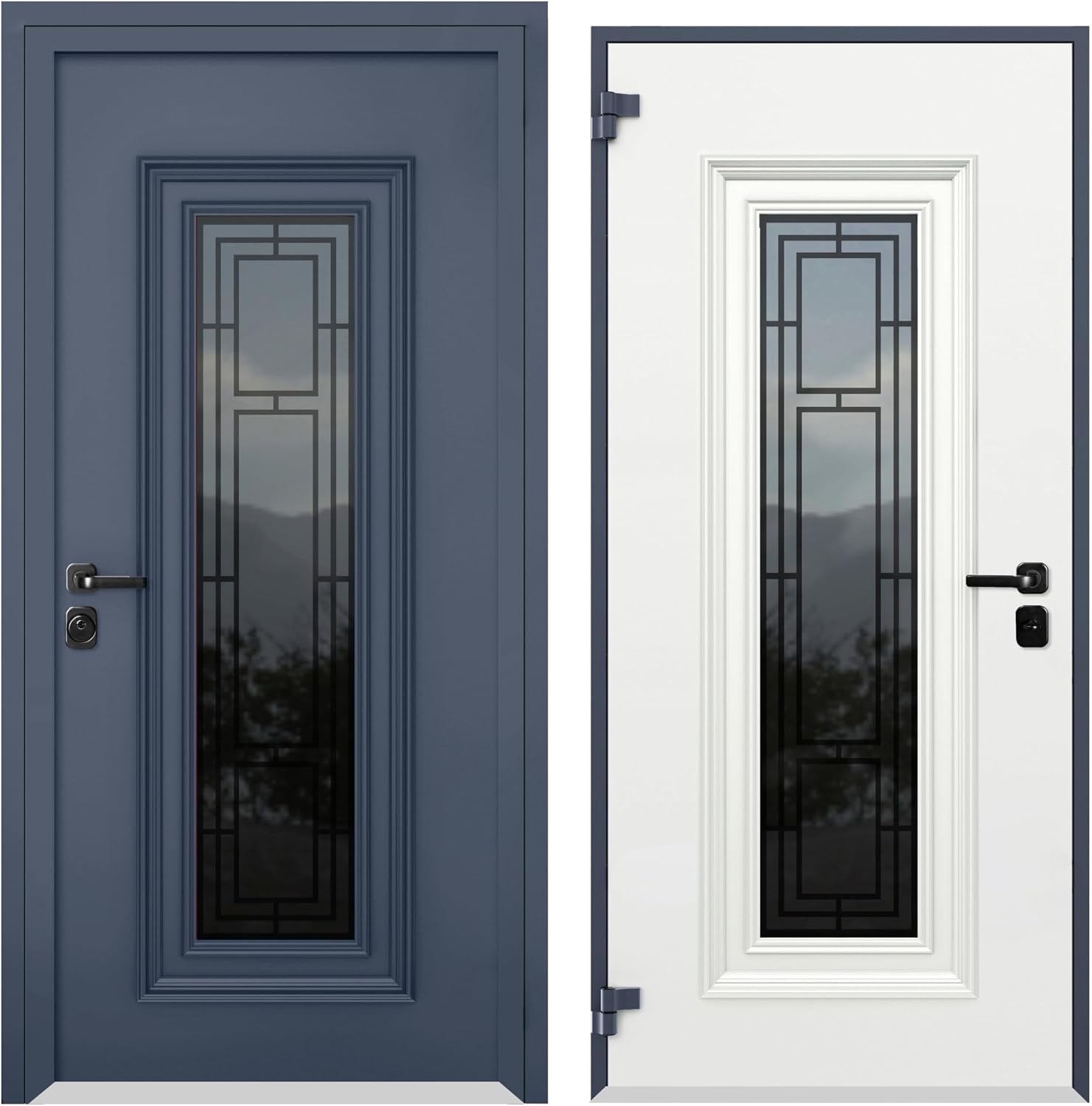 VDOMDOORS Front Exterior Prehung Steel Door/Ballucio 6044 Gray Graphite / 2 Side and Top Exterior Window/Stainless Inserts Single Modern Painted-W16+36+16" x H80+16"-Left-Hand Inswing