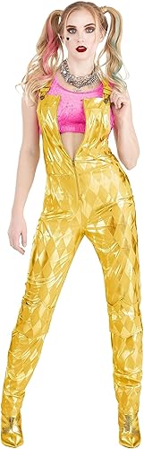 Disfraz de Harley Quinn para mujer, overol dorado de Harley Quinn para disfraz de bufón de súper villano y Halloween