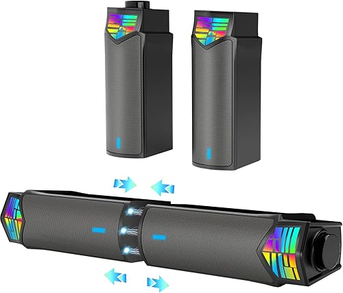 Smalody Altavoces para juegos para PC, altavoces de computadora para monitor de escritorio con Bluetooth, barra de sonido RGB gradual 2 en 1 con