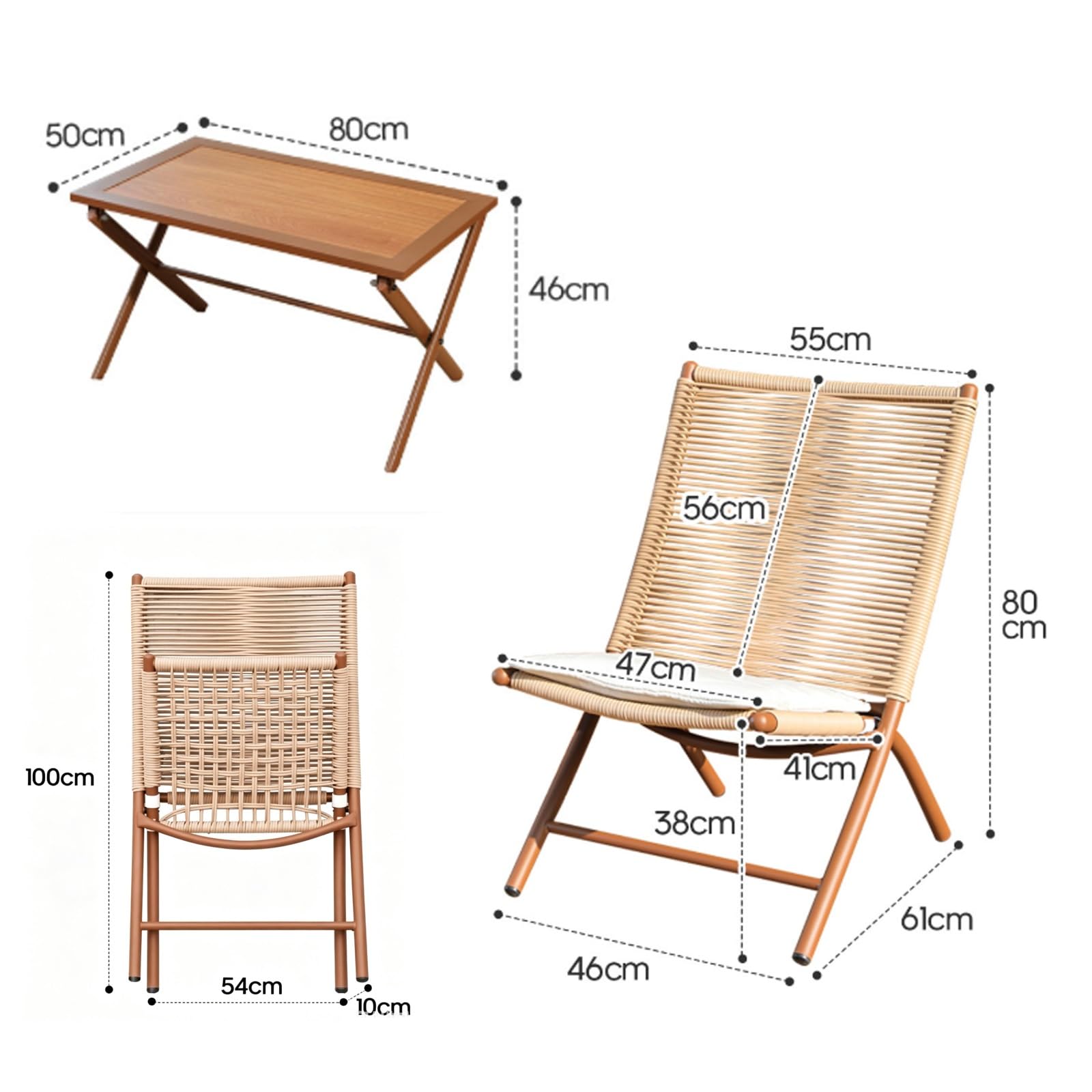 Set Bistrot Pieghevole da Esterno in 3 Pezzi, Mobili Resistenti alle Intemperie con 2 Sedie Lounge Pieghevoli e Tavolino, Cuscini Morbidi, Ideale per Giardino, Patio e Cortile