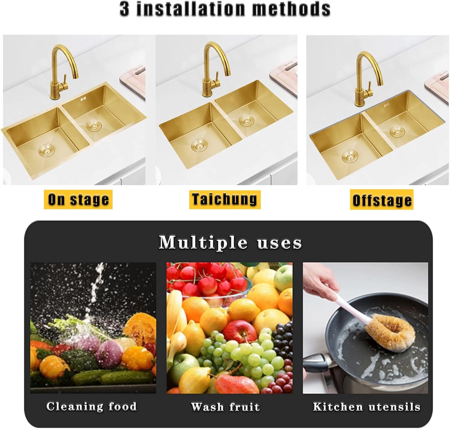 Kitchen Double Bowl Sink Gold Stainless Steel Sink with 2 Gold Drainers and Mounting Kit Suitable for Kitchen (A 85x45x22cm) (A 85x45x22cm)