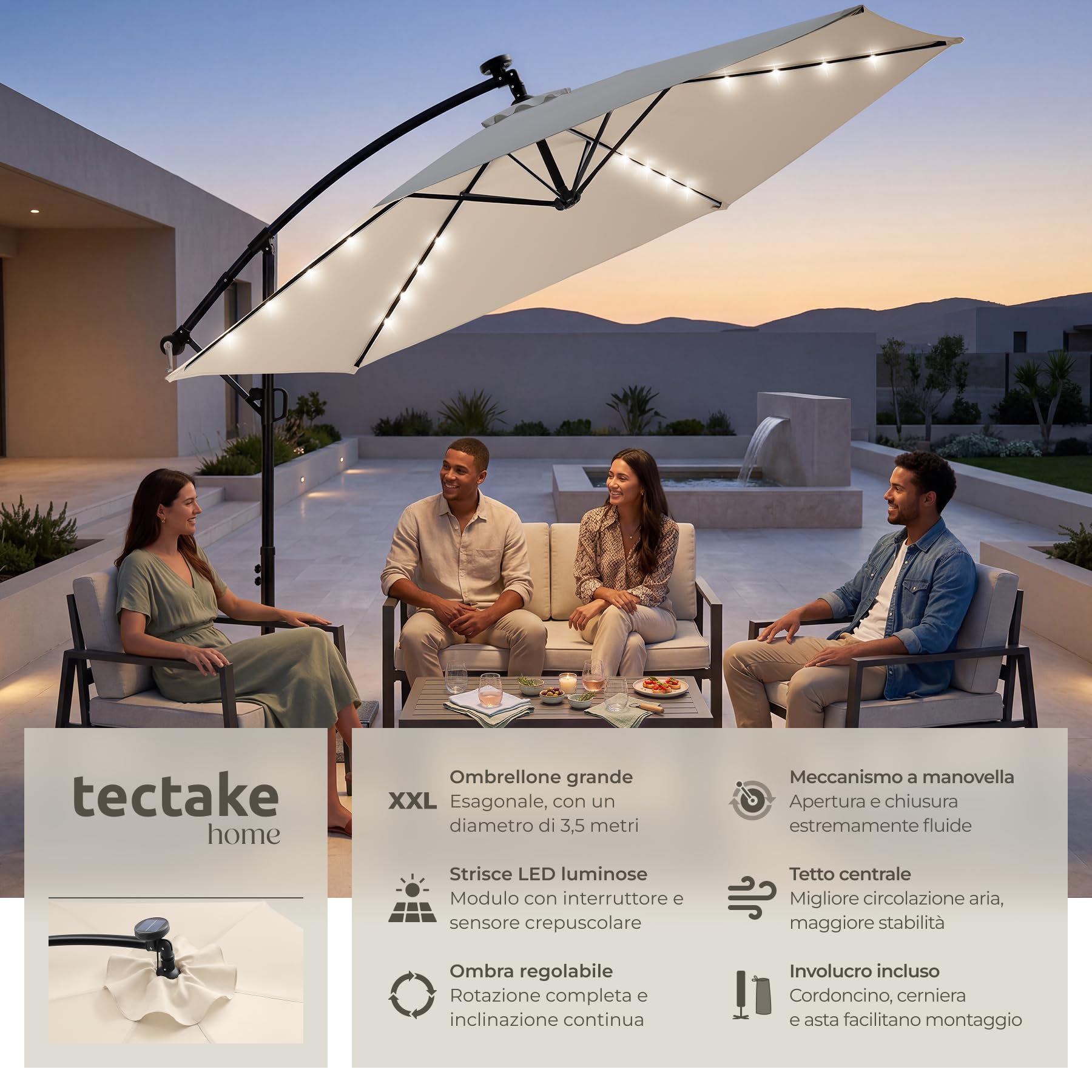 Tectake Ombrellone da Giardino 3,5x3,5 m Braccio Girevole 360° Led Solare Protezione UV 50+
