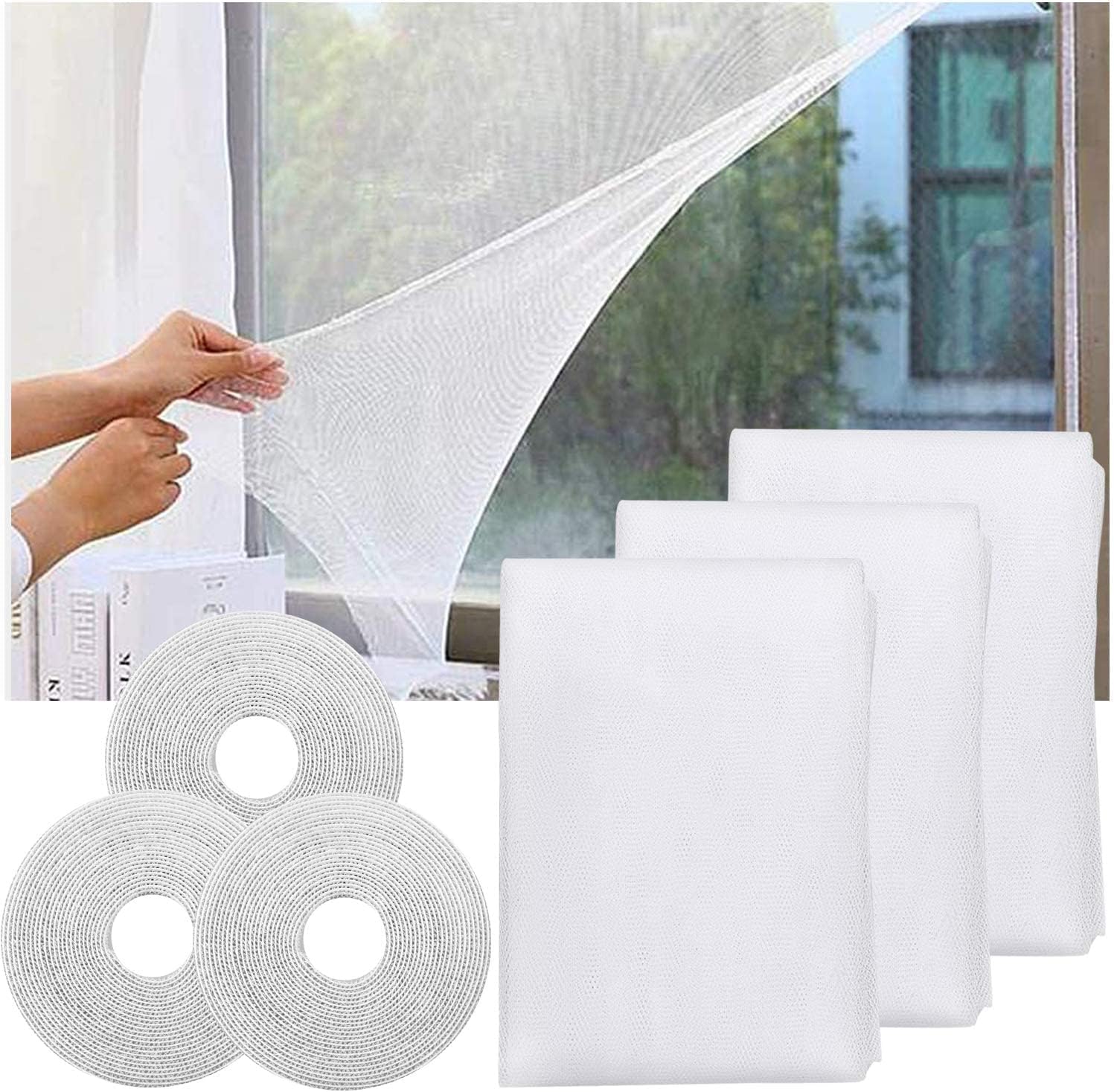 BIGTHREE Mosquito Netting, 3 Pack DIY Self-Adhesive Insect Mesh Curtain Fly Bug Bee Protector Screen with 3 Rolls Tapes, 1.3 x 1.5m Window Screen Mesh Window Net to Keep Bugs and Flies Out