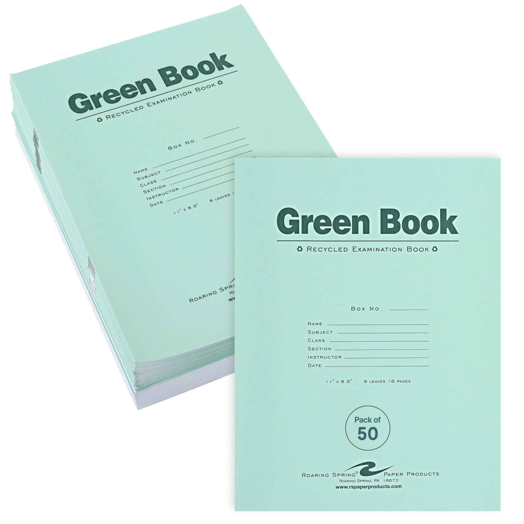 ROARING SPRING Recycled Green Exam Books, 50 School Examination Booklets, 11" x 8.5", 8 Sheets/16 Pages, Wide-Ruled with Margin Student Testbook, Made
