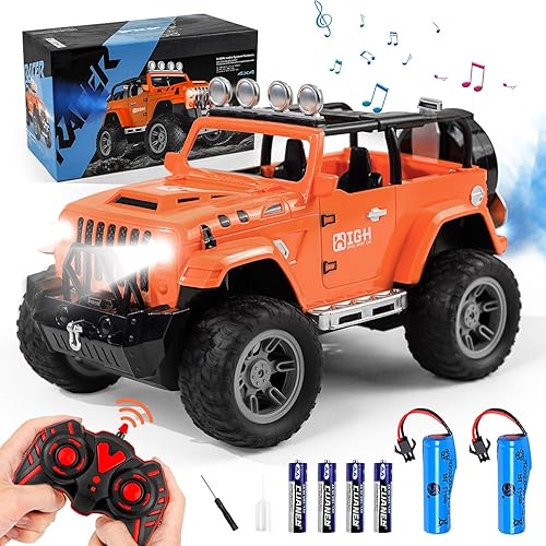 FUUY Auto Jeep a control remoto con aerosol, autos RC con juguete de pala y 2 baterías para 50 minutos de juego RC Jeep con enganche de remolque,