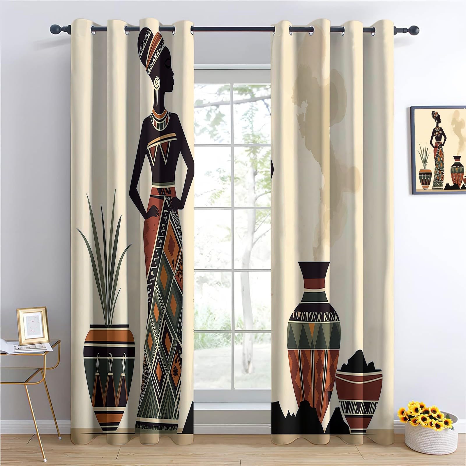 CozyRest Wohnzimmer Vorhänge Afrikanische Frau mit Vase Geometrie Ösen Gardinen mit Blickdichte Thermo Vorhang Kälteschutz Blackout Curtain Kinderzimmer Schlafzimmer Ösenvorhang H214 x B91.5 cm