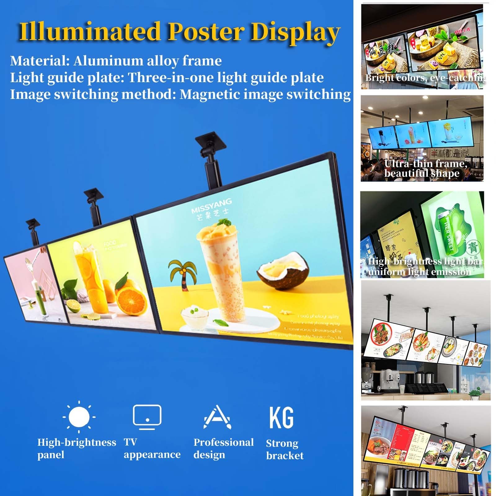 Lavagna per menu retroilluminata a LED, da parete, con cornice in alluminio, cambio immagine magnetica, adatta per ristoranti e centri commerciali