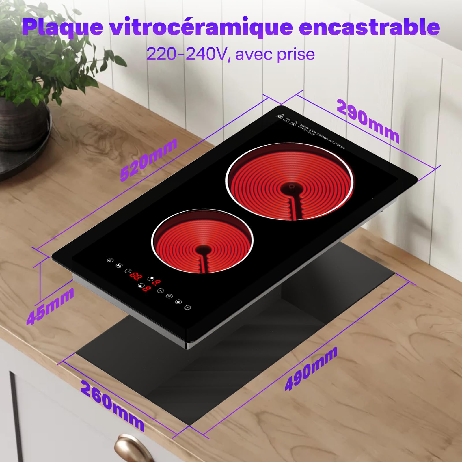 Plaque de Cuisson Électrique 2 Feux 3000W, Portable & Encastrable Plaque Vitrocéramique 2 Feux avec 9 Niveaux, Minuterie, Verrou Enfant, 220-240V