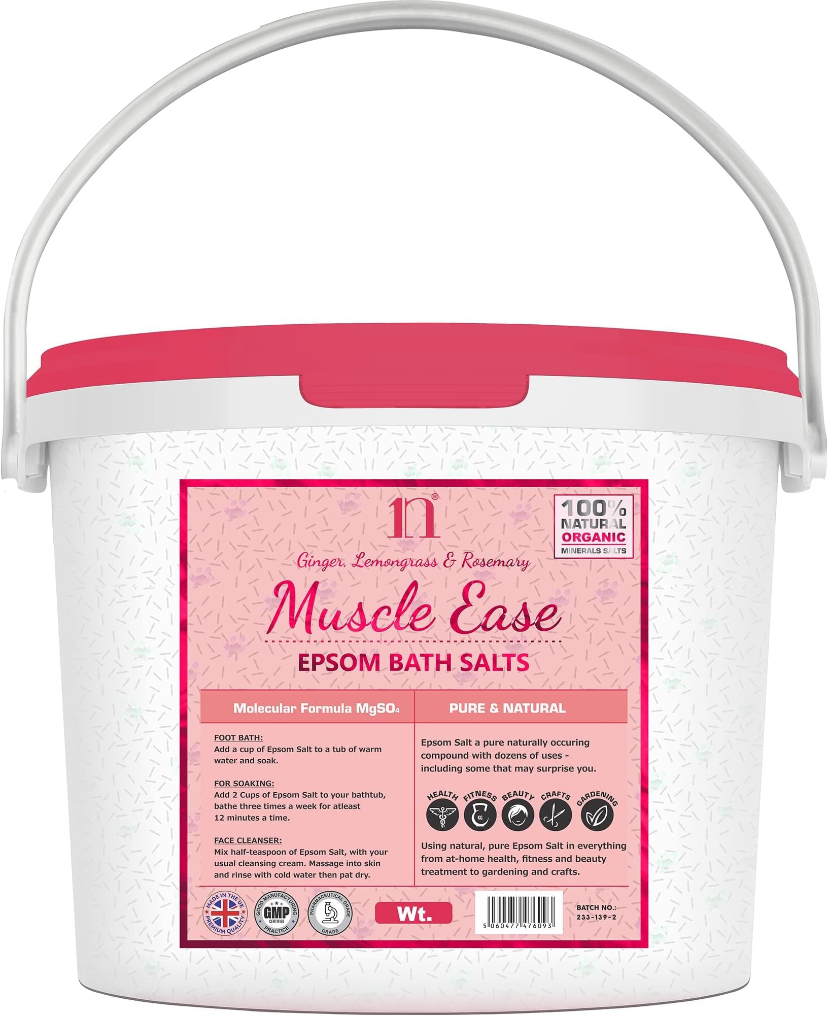 Scented Epsom Salt Muscle Ease Salts with Ginger, Lemongrass & Rosemary Bucket Food Grade Magnesium Sulphate Foot Soak Salts Bath Epsom Salts (Ginger, Lemongrass & Rosemary, 5KG)