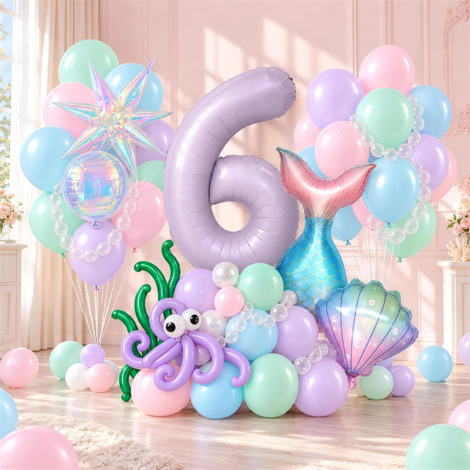 Mermaid 6th Birthday Decor Girls, Pink Purple Blue 40 In Number 6 Balloon