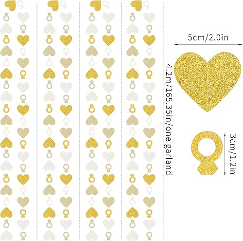 Miniatura 3 de Decoración de despedida de soltera de compromiso, guirnalda de oro blanco  Anillo de corazón de 52 pies para boda, banderines de papel de boda,