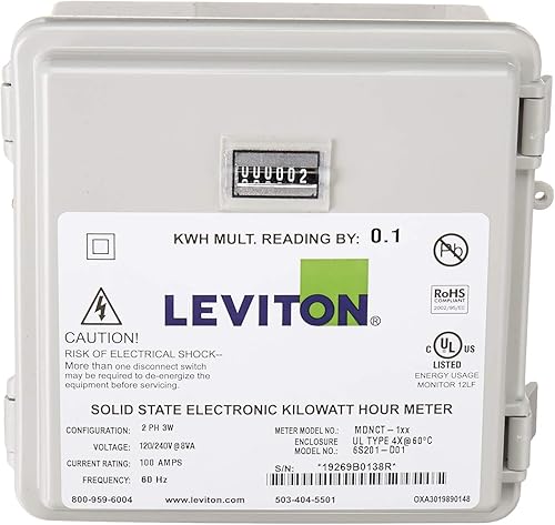 Miniatura 10 de Leviton MO240-1W Contador mecánico de montaje en superficie al aire libre 120208240V 2P3W 100A con kit de mini medidor de 2 núcleos divididos CTs