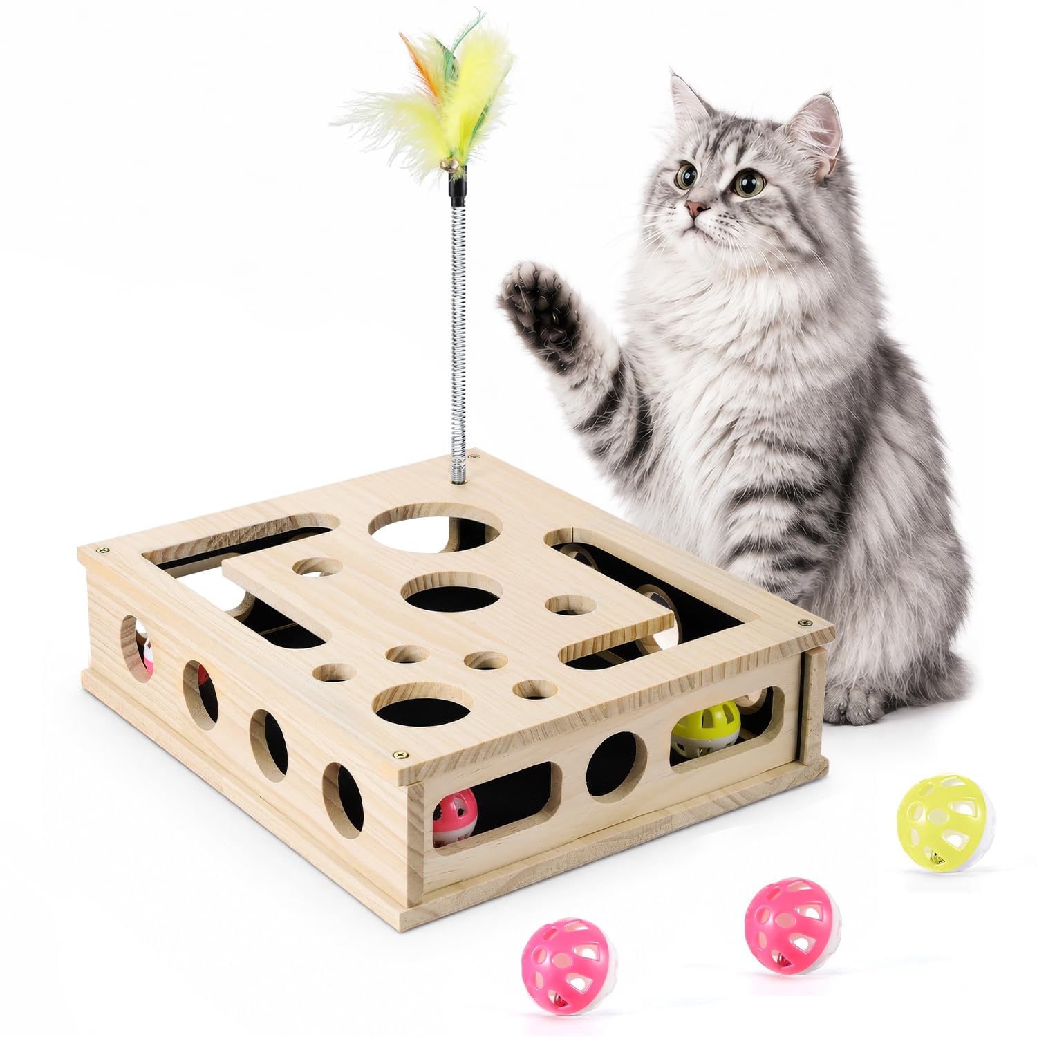 Boîte de puzzle à griffer pour chat YNGRUE en bois naturel et accessoires de chasse