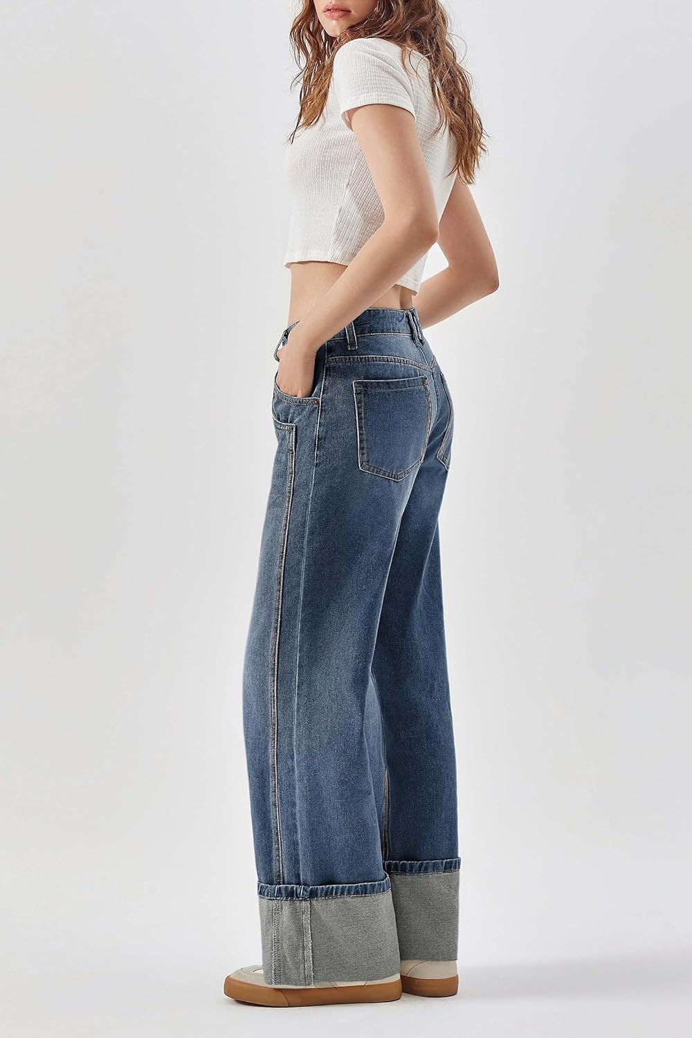 PLNOTME Womens Baggy Jeans Boyfriend Wide Leg Trendy Casual Mid Rise Cuffed Hem Denim Pants with Pockets - Image 2