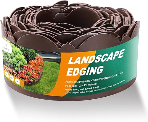 Borde de plástico para jardín, bobina de borde de 4.6 pulgadas de alto, flexible y reforzado con tratamiento anti-UV (60 pies, marrón)