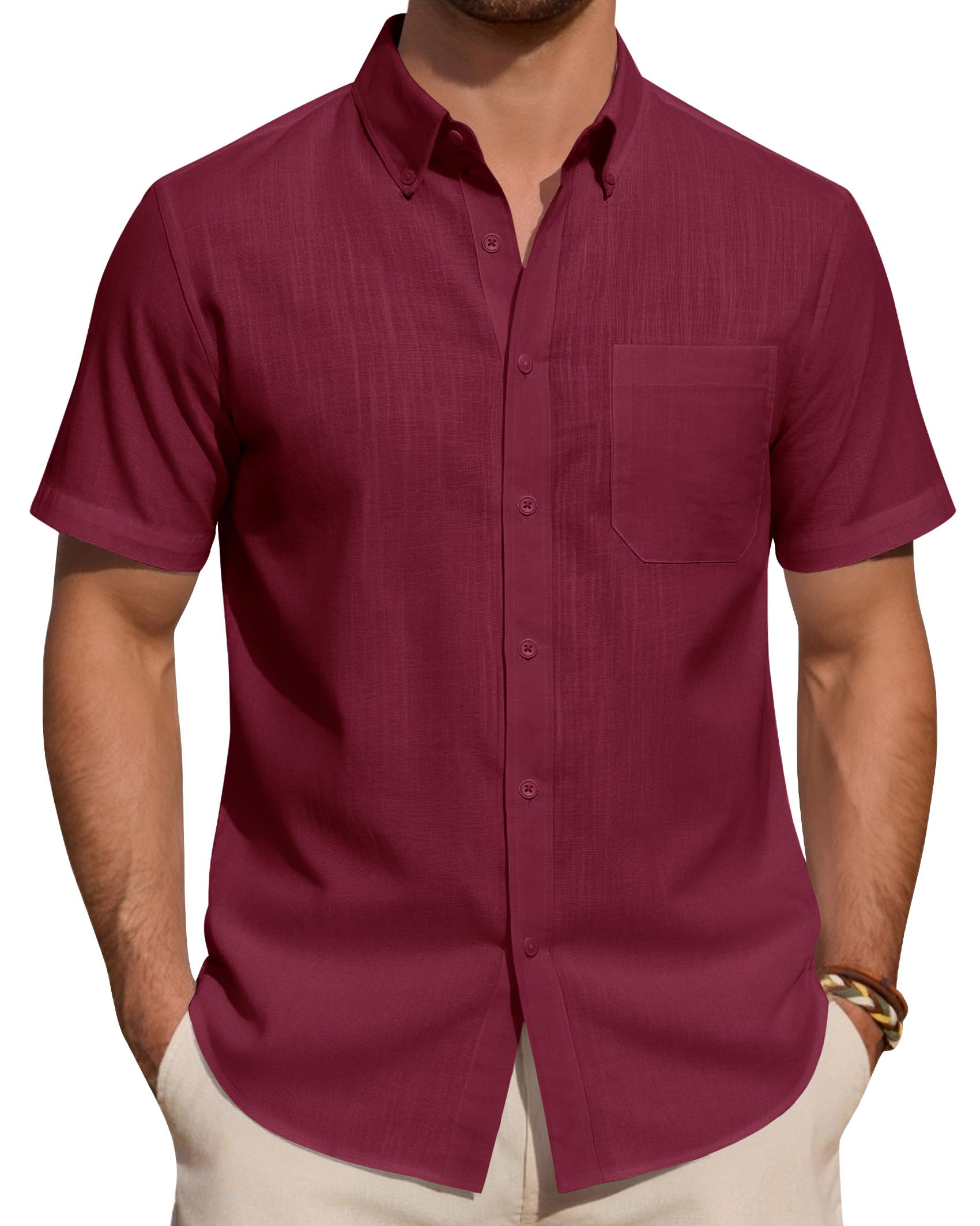 J.VER Leinenhemd Herren Kurzarm Hemd Sommer Freizeithemden Herren Casual Beach Shirts Regular Fit Männer Leinen Hemd Button Down Basic Men Shirts mit Brusttasche