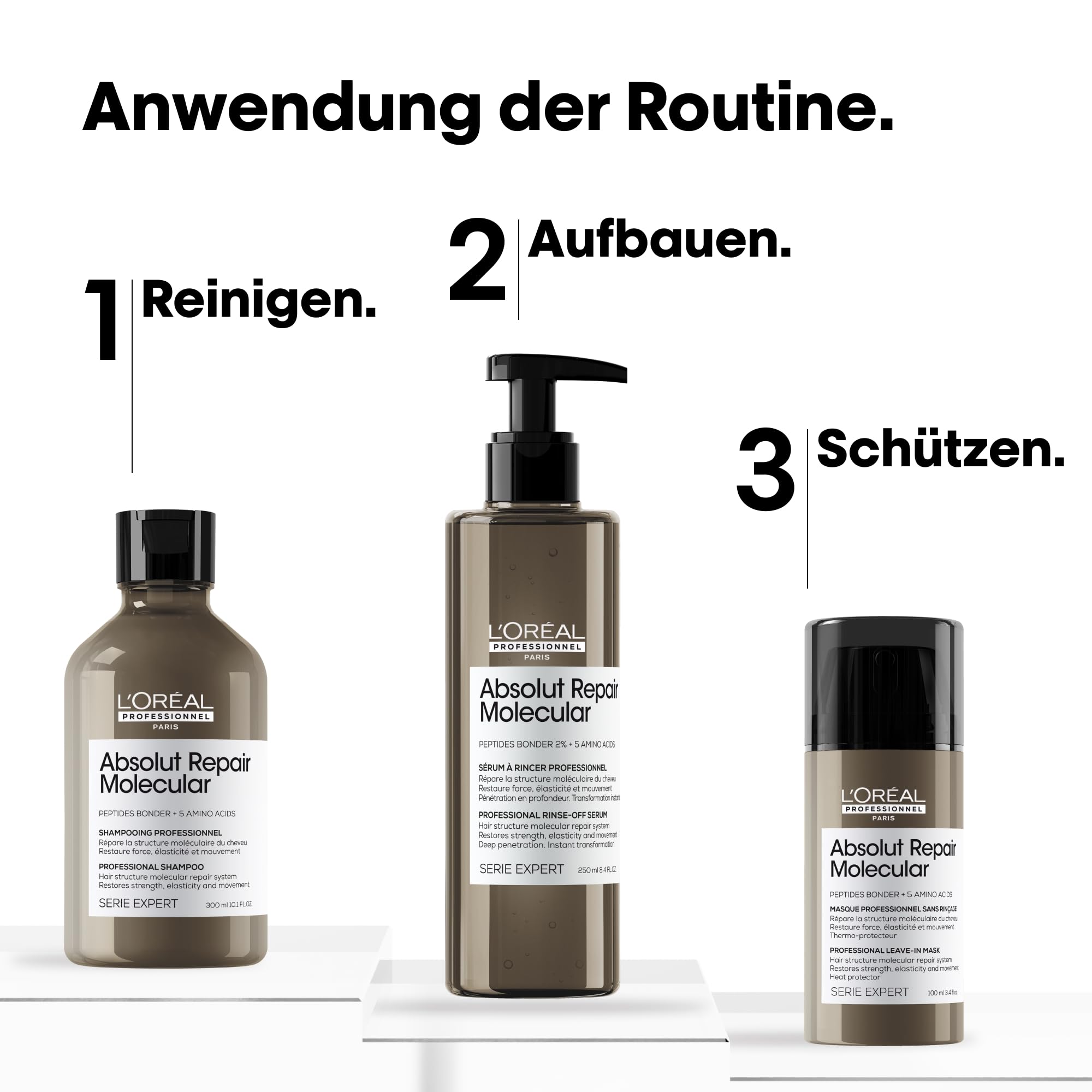 L'Oréal Professionnel Pflegetrio für strukturgeschädigtes Haar, Zur molekularen Tiefenreparatur, Mit Peptidbondern und Aminosäuren, Serie Expert, Absolut Repair Molecular Shampoo, Serum & Leave-In